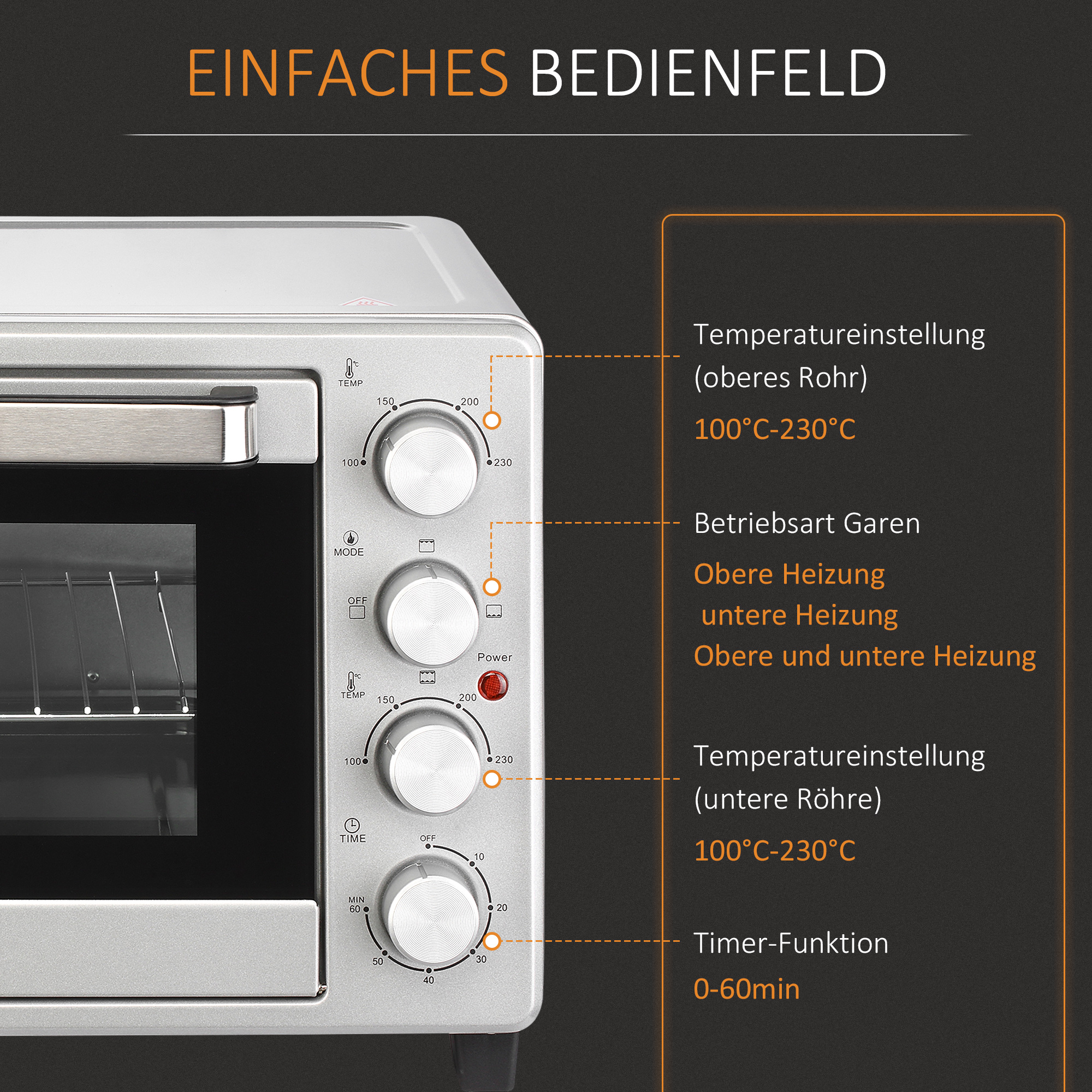 Mini Backofen 32L 100 °C-230 °C 1600 W Mini Ofen mit Backblech Krümelblech Grillrost und 3 Kochmodi Pizzaofen mit Timer Backblech-Griff Edelstahl Silber
