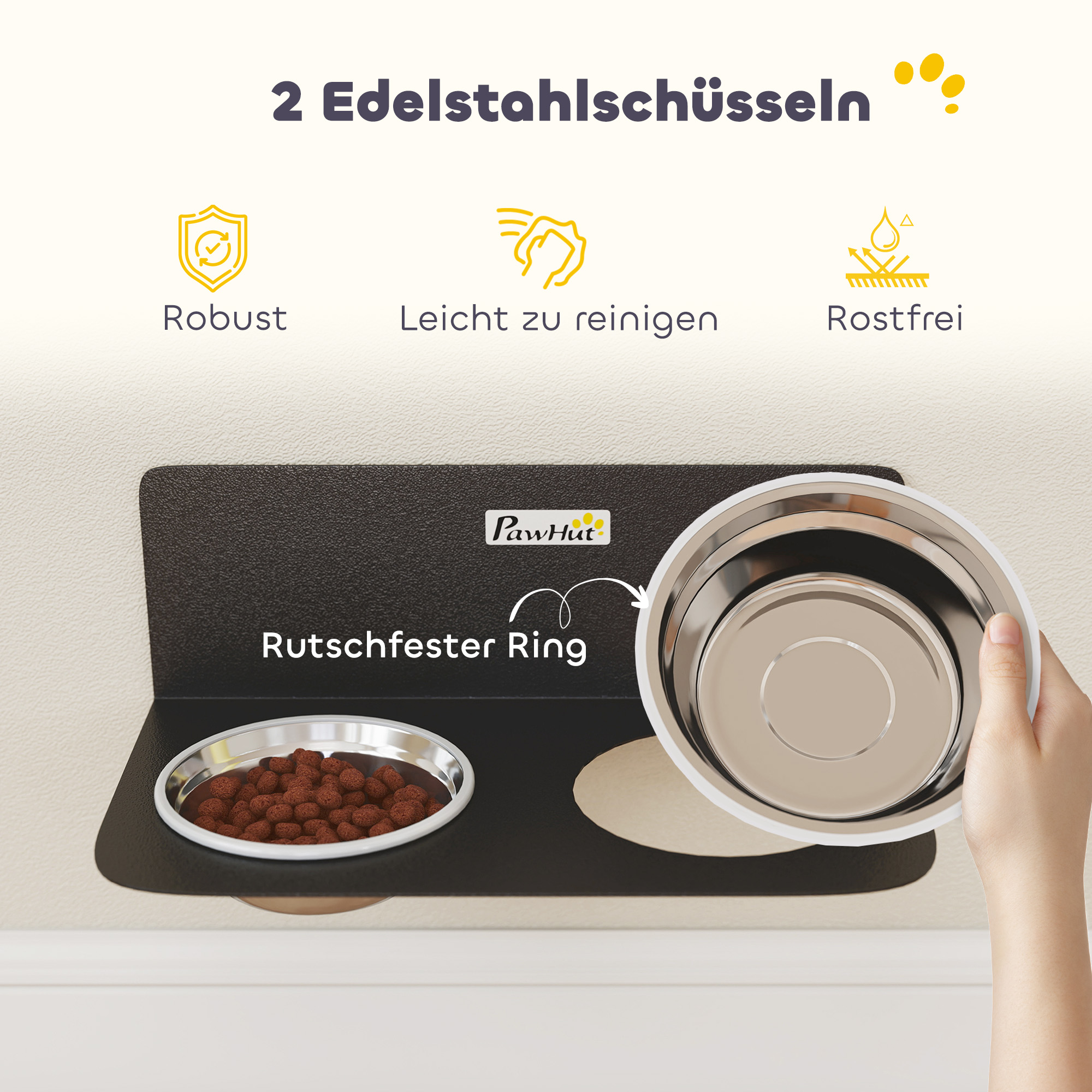 Hundenapf höhenverstellbar Wand Futternapf mit 2 x 800ml Edelstahlnäpfen 42 x 23,5 x 14 cm Schwarz