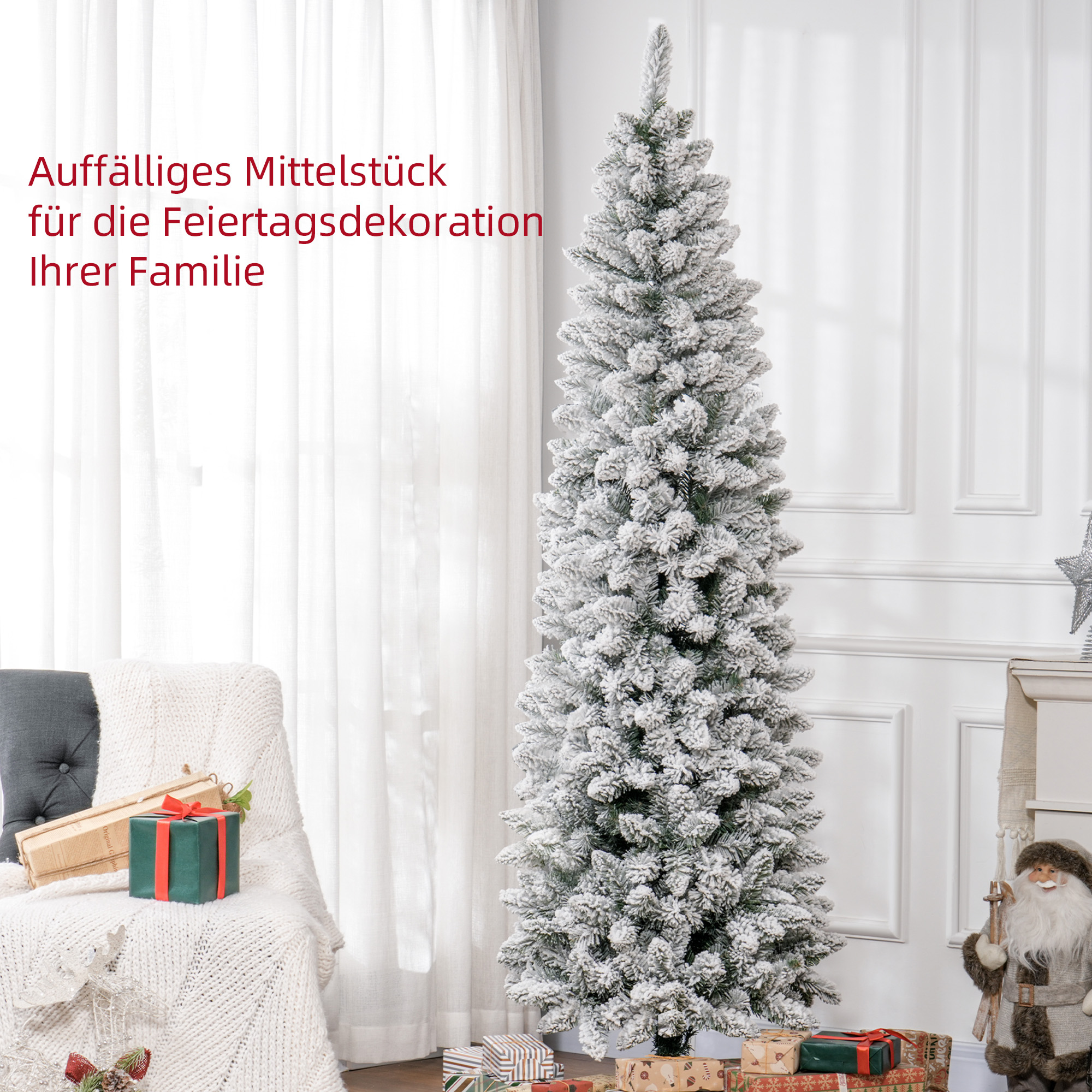 Künstlicher Weihnachtsbaum, flammenhemmend, mit Kunstschnee, schlank, Stahlfuß, 75 x 210 cm, Grün