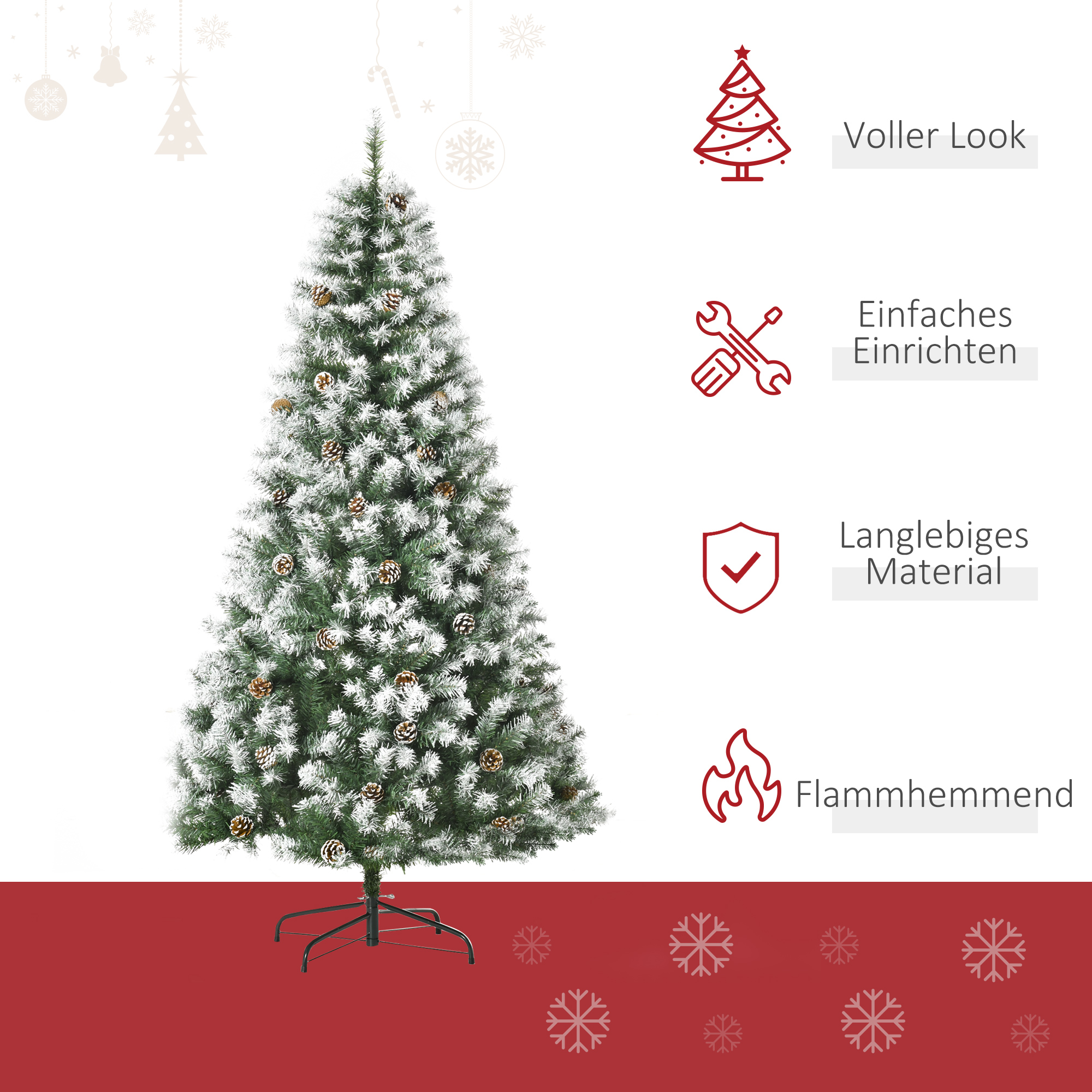 Künstlicher Weihnachtsbaum, 800 Zweige, 61 Zapfen, verschneite Spitzen, feuerfest, 180 cm