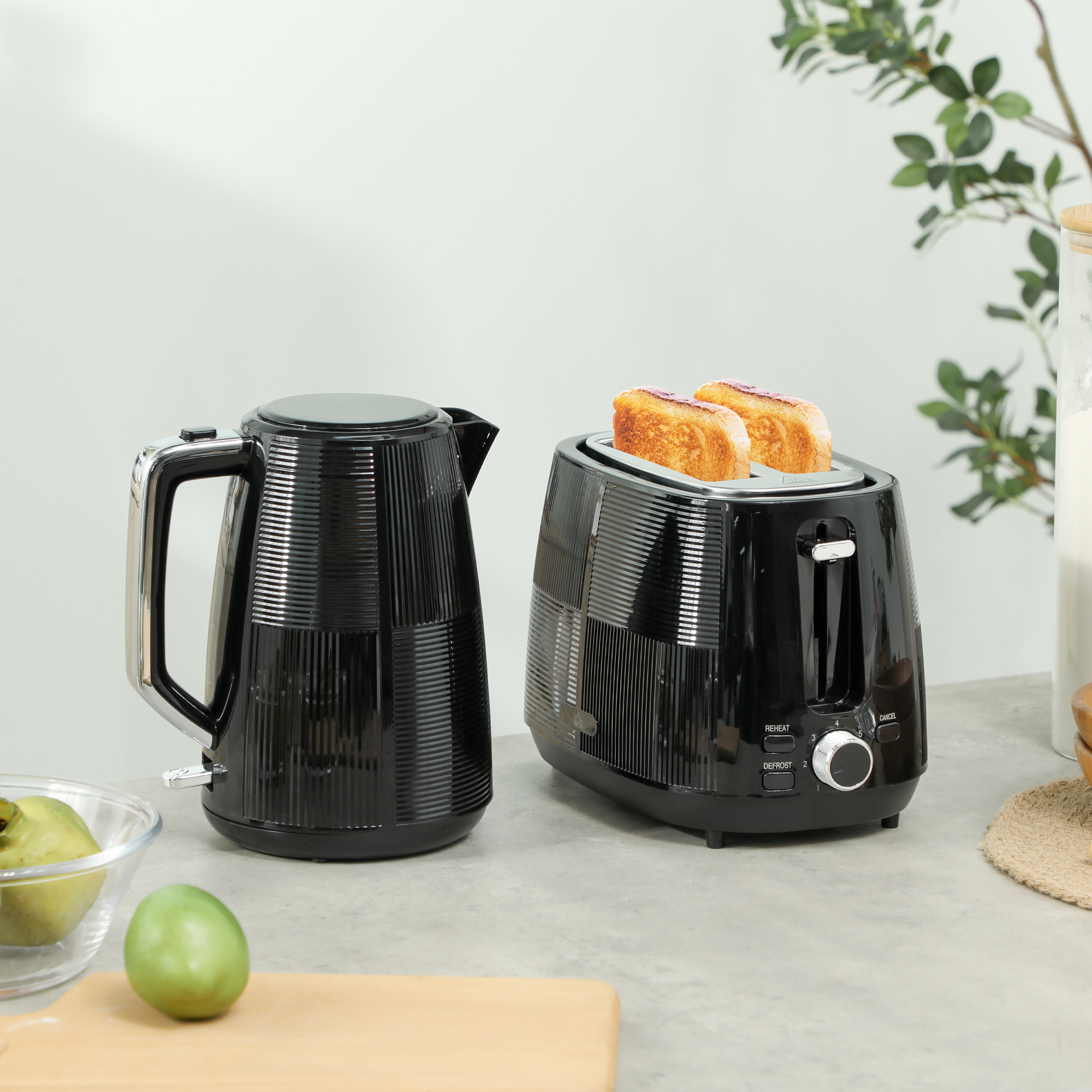 Wasserkocher- und Toaster-Set, 1,7 L, verschiedene Funktionen, Edelstahl, Schwarz