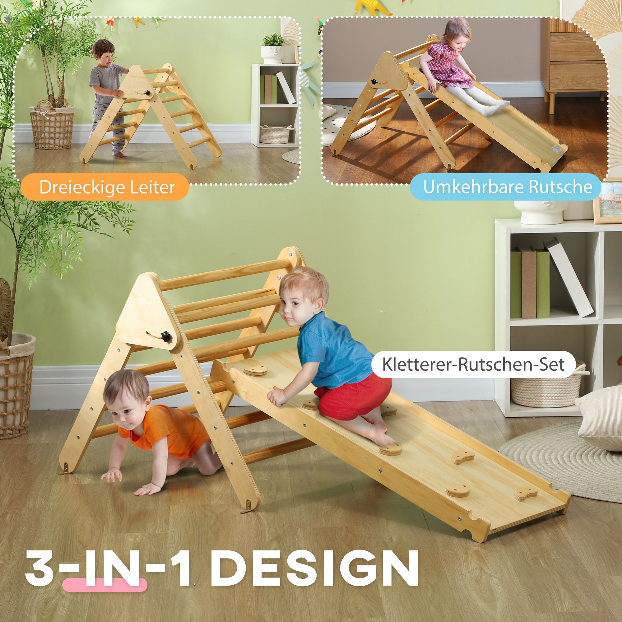 Kinder-Kletterset aus Holz mit Dreiecks-Leiter und zweiseitiger Rampe, für Kinder im Alter von 18-48 Monaten