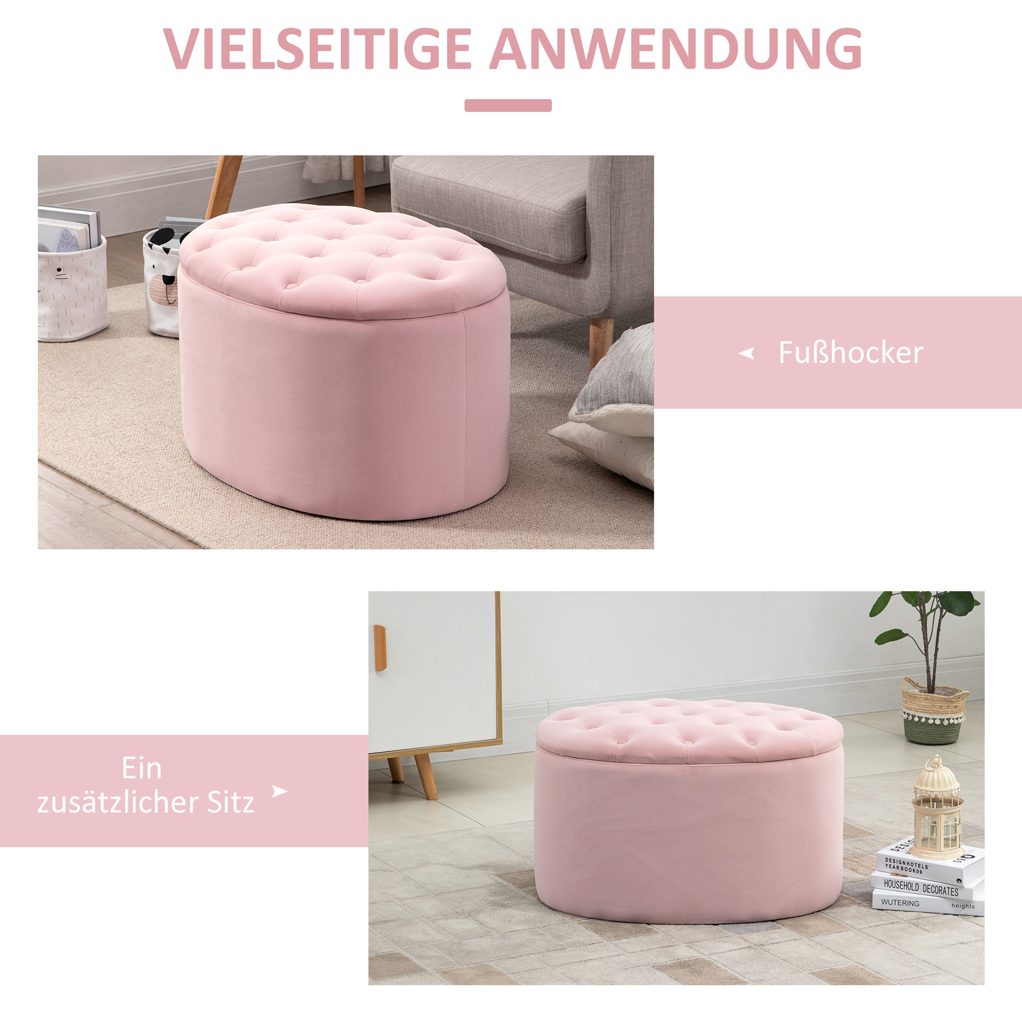 Sitzbank mit Stauraum Polsterbank mit Samtoptik, Sitztruhe Ovale Form, Truhenbank für Wohnzimmer Schlafzimmer Flur 71 x 52 x 42 cm, Rosa