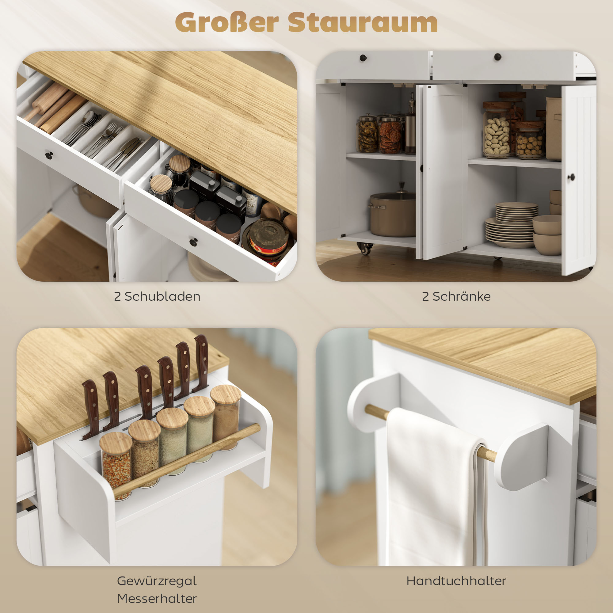 Rollbare Kücheninsel, 2 Schubladen, 2 Schränke, verschiebbar, Gewürzregal, Handtuchhalter, Messerhalter, MDF, Weiß