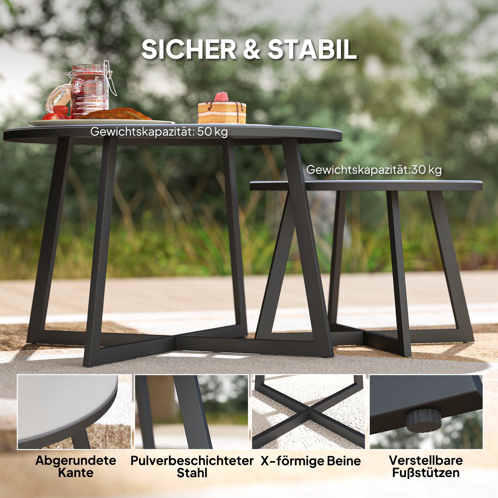 2er Set Beistelltisch Stapelbar Gartentisch Rund wetterfest Balkontisch mit X-Beine Glasplatte Stahl Schwarz+Grau