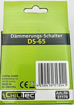 Outdoor Dämmerungs-Schalter "DS-65" - 230V/50Hz, max. 10A, 5-50 Lux, IP44