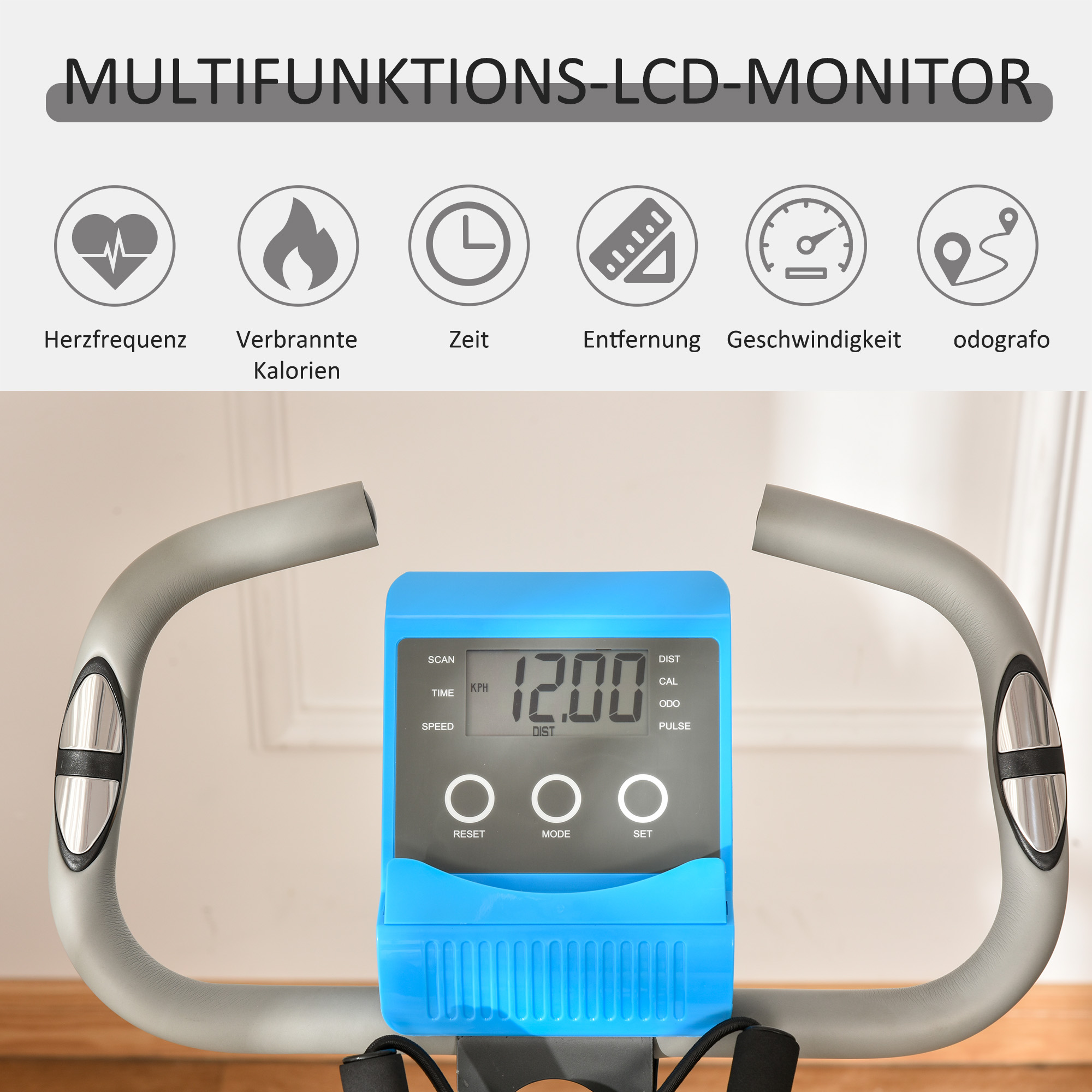 Heimtrainer X-Bike 2-in-1 Fahrradtrainer mit LCD-Display,Pulsmesser, klappbarer Hometrainer Trimmrad mit 8 stufig Magnetwiderstand, 1 Paar Spannseil, Stahl Blau 105x48x118 cm