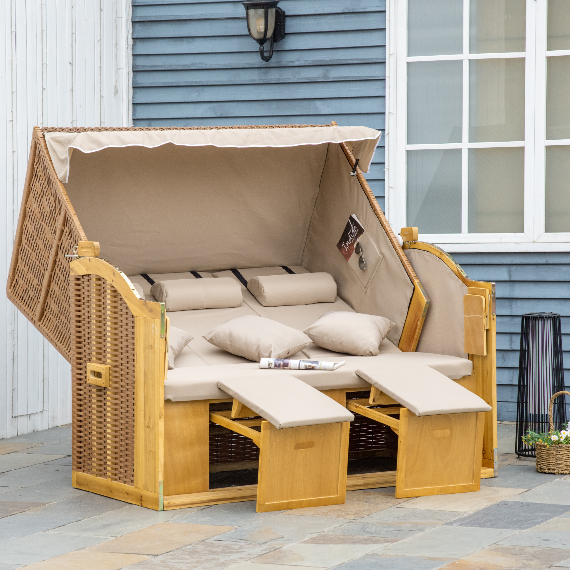 Strandkorb 3-Sitzer Sonnenliege mit Dach 2 Klapptischen Fußstütze Chaiselongue 5-stufige Rückenlehne XXL Polyrattan Natur 150 x 79 x 160 cm