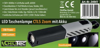 LED-Taschenlampe "CTL5 Zoom" mit Akku / 5W, 400lm, ØxL 144x20mm, Zoom