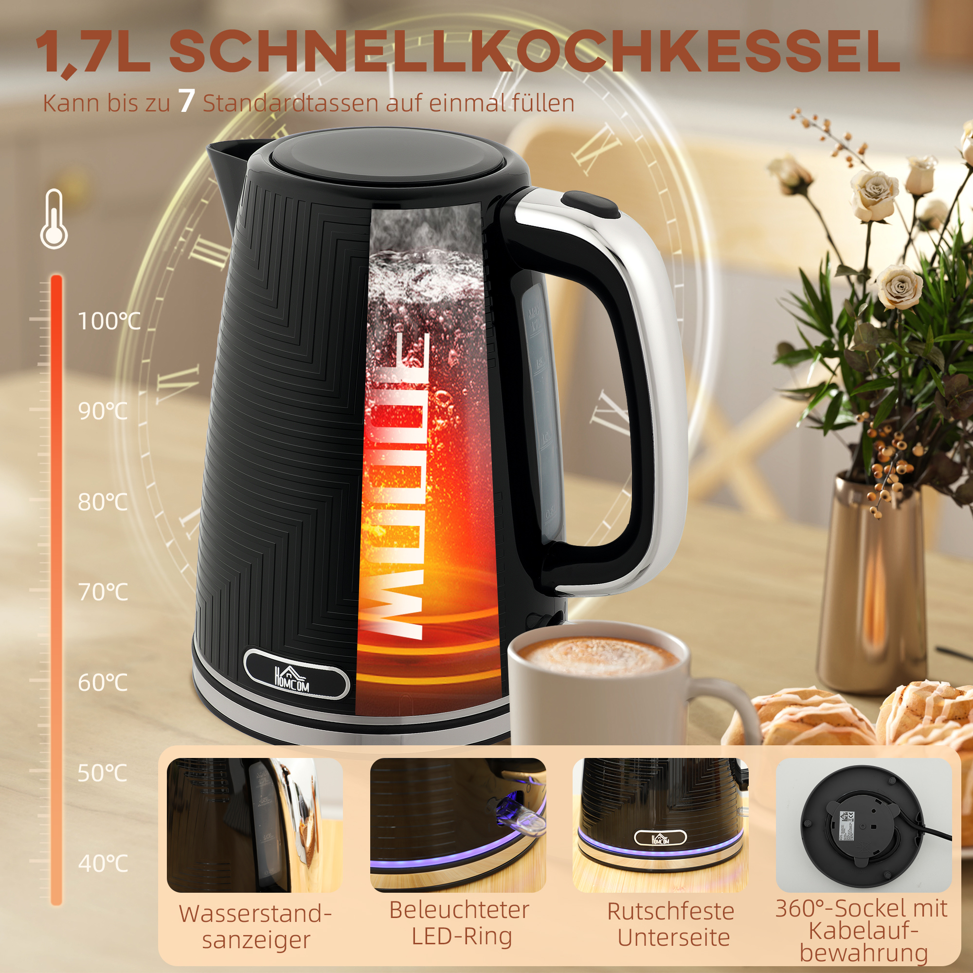 Wasserkocher- und Toaster-Set, 2200W, Otter-Thermostat, 2-Schlitz-Toaster, 7 Bräunungsstufen, Krümelfach, Schwarz