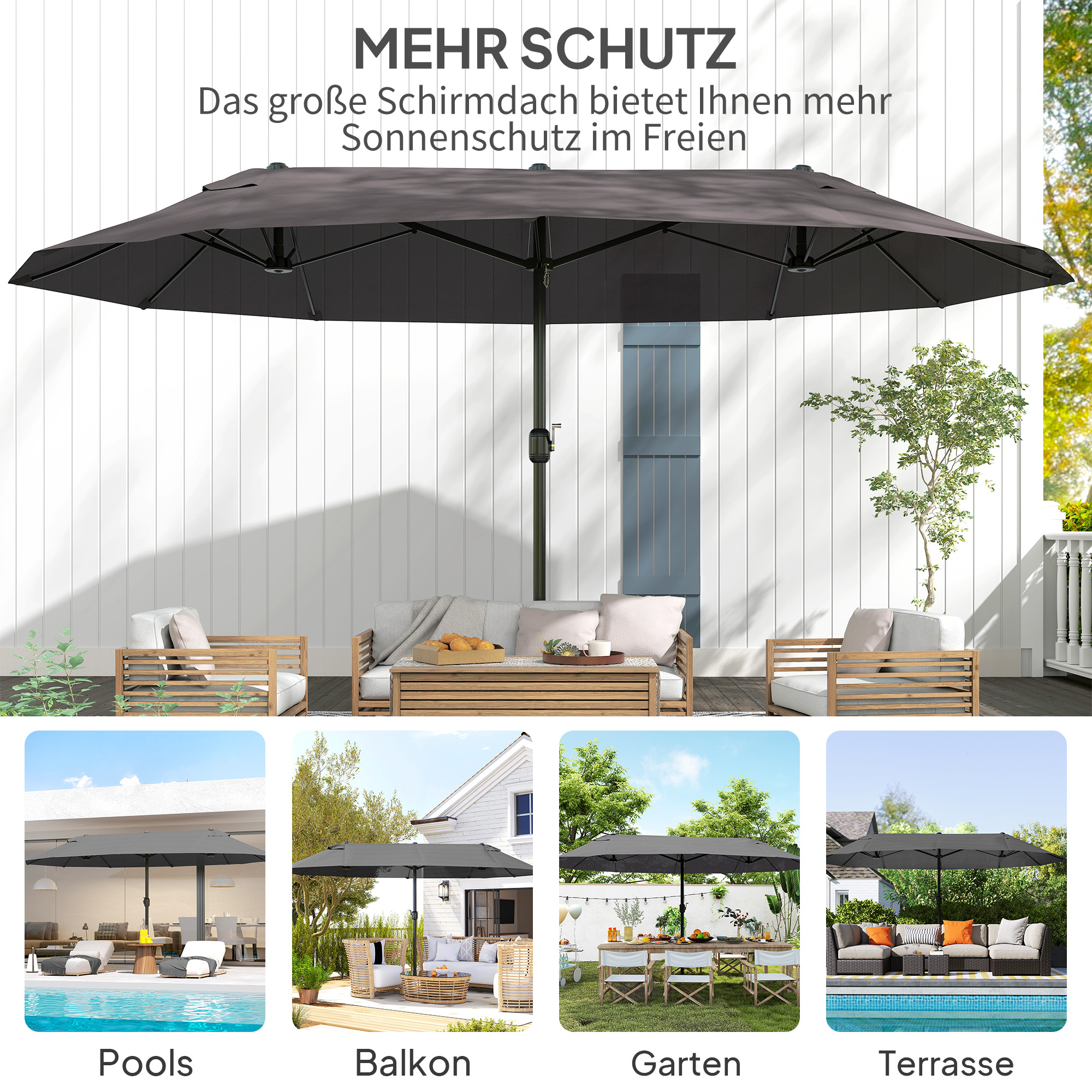 Doppelsonnenschirm 455 x 265 cm, UV Schutz Sonnenschirm mit Handkurbel, Balkonschirm windfest Kurbelschirm Sonnenschutz für Balkon Garten, Grau
