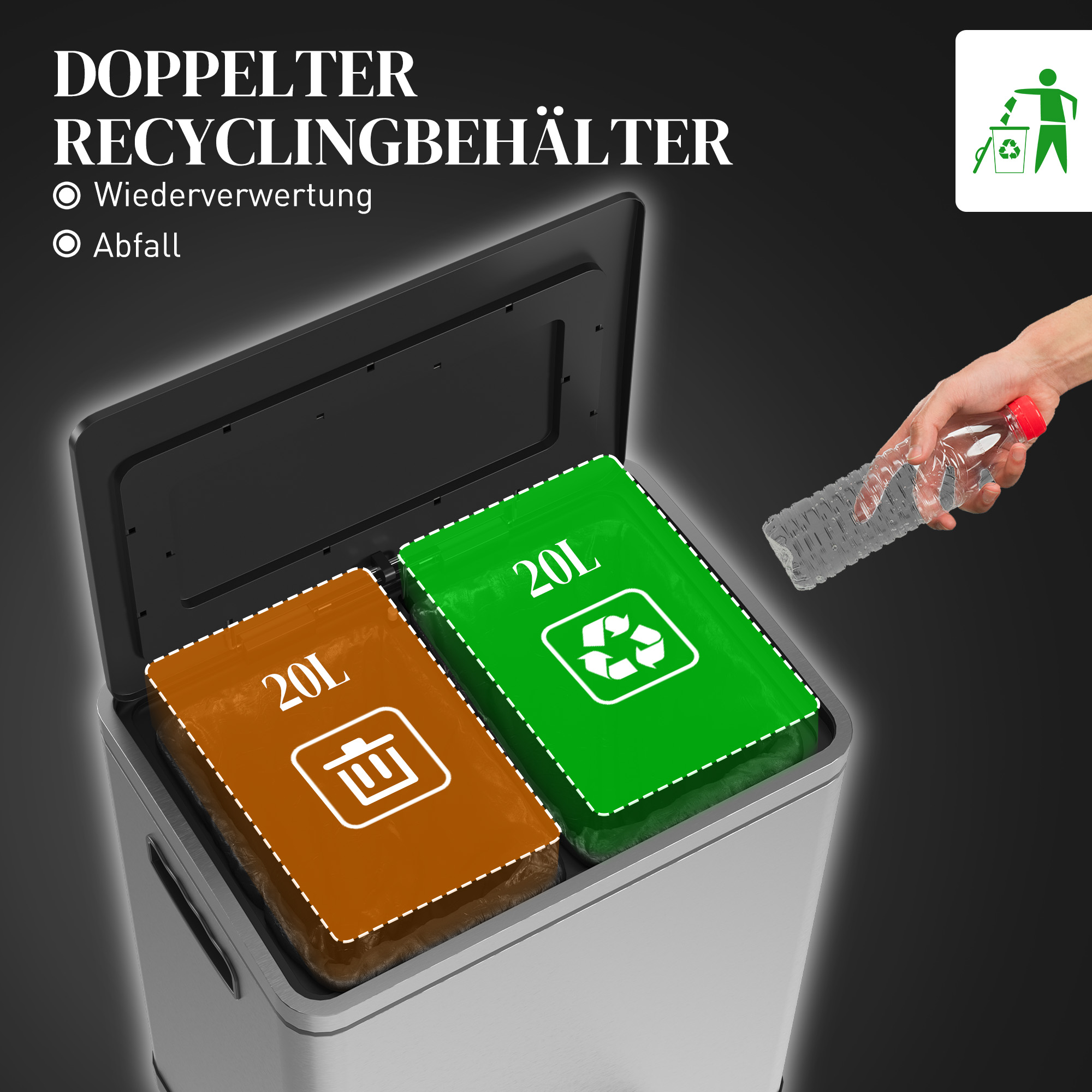 Mülleimer, Abfalleimer mit Deckel und Fußpedal, Edelstahl, 2x 20 Liter-Fächer, Silber