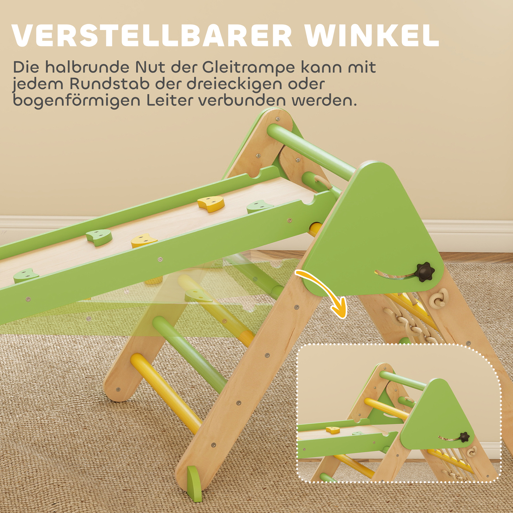 8-in-1 Montessori Klettergerüst Indoor Holz Kletterdreieck mit Kletterbogen, doppelseitiger Rutsche, Grün