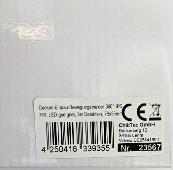 Decken-Einbau-Bewegungsmelder 360° IP65 - PIR, LED geeignet, 8m Detektion, 76x36mm