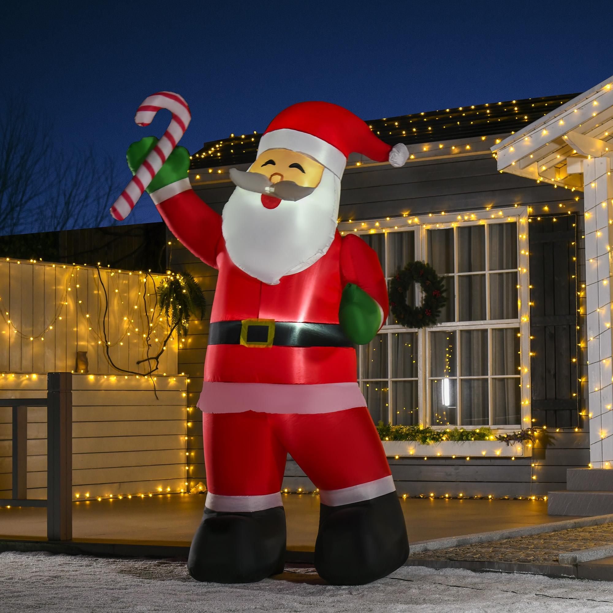 Aufblasbarer Weihnachtsmann mit LED-Beleuchtung inkl, Gebläse, Halteseilen, Bodenspieße, Sandsäcke,140cm x 85cm x 250cm