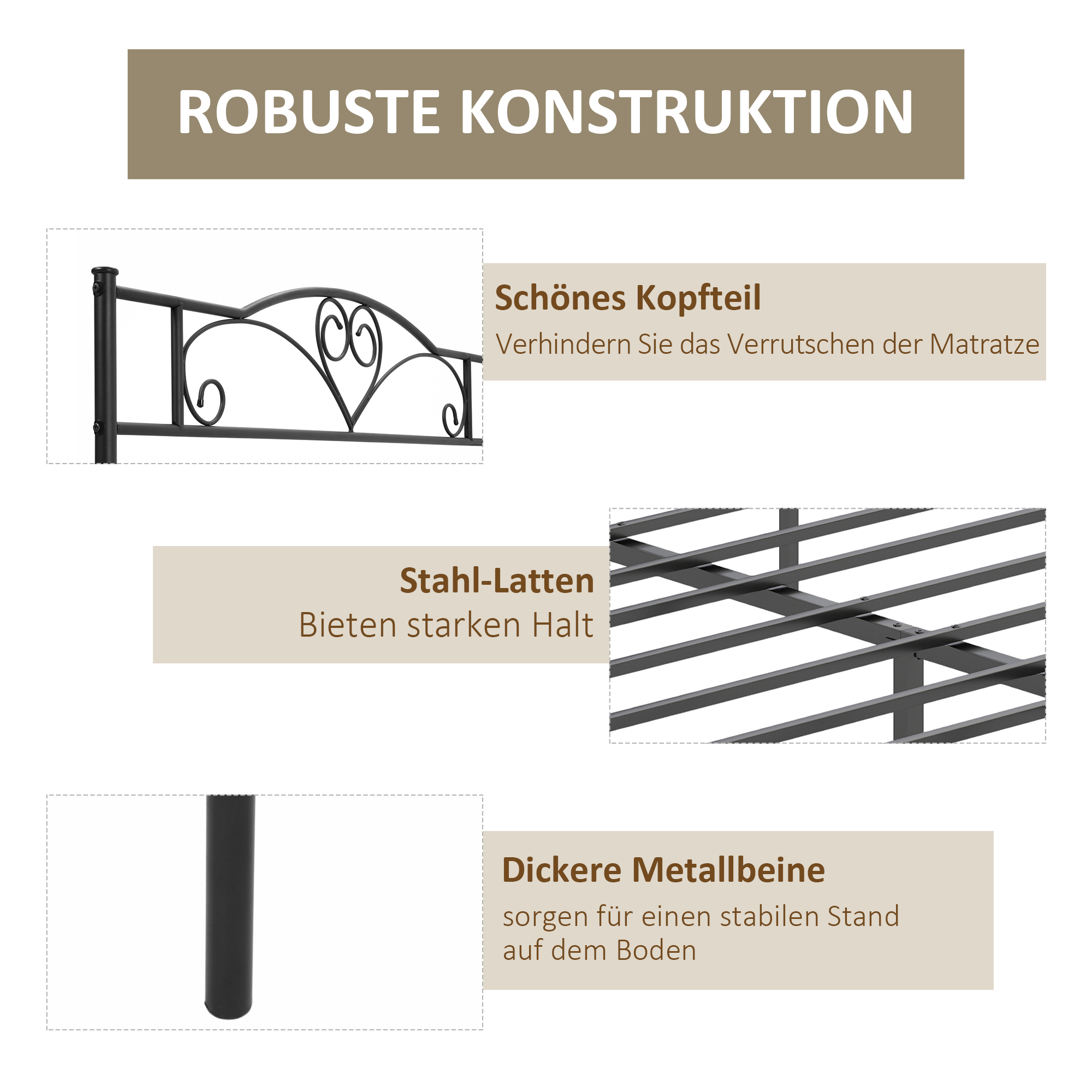 Bettgestell aus Metall mit Kopfteil, 300 kg Belastbarkeit, 145L x 211B x 106H cm, Schwarz