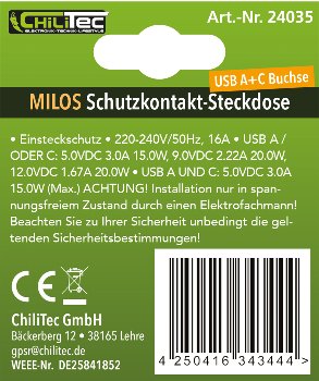 MILOS Schutzkontakt-Steckdose, matt weiß / 230V~/ 16A, Unterputz, USB-A/C PD 3.0