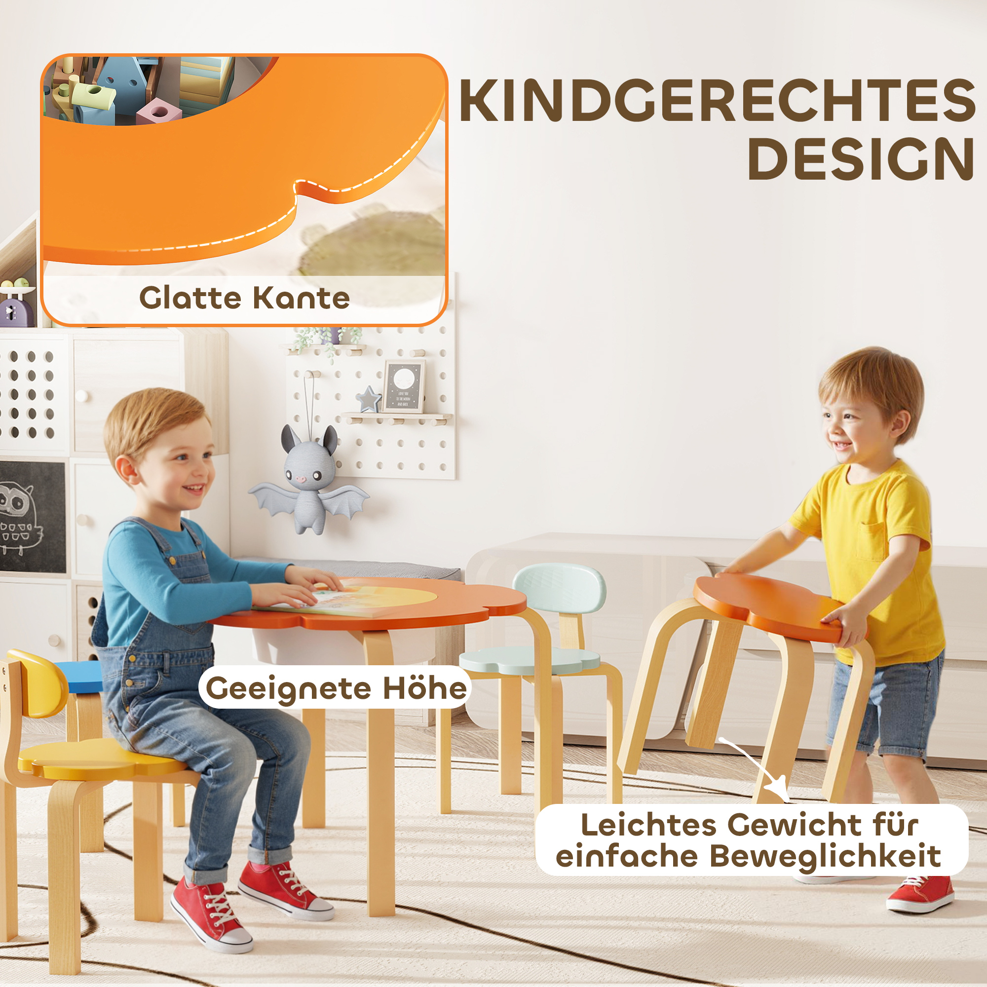 5-teiliges Kindertisch- und Stuhl-Set, mit Aufbewahrungstasche, Blumenform, für Spielzimmer, Kinderzimmer, Holz, Bunt