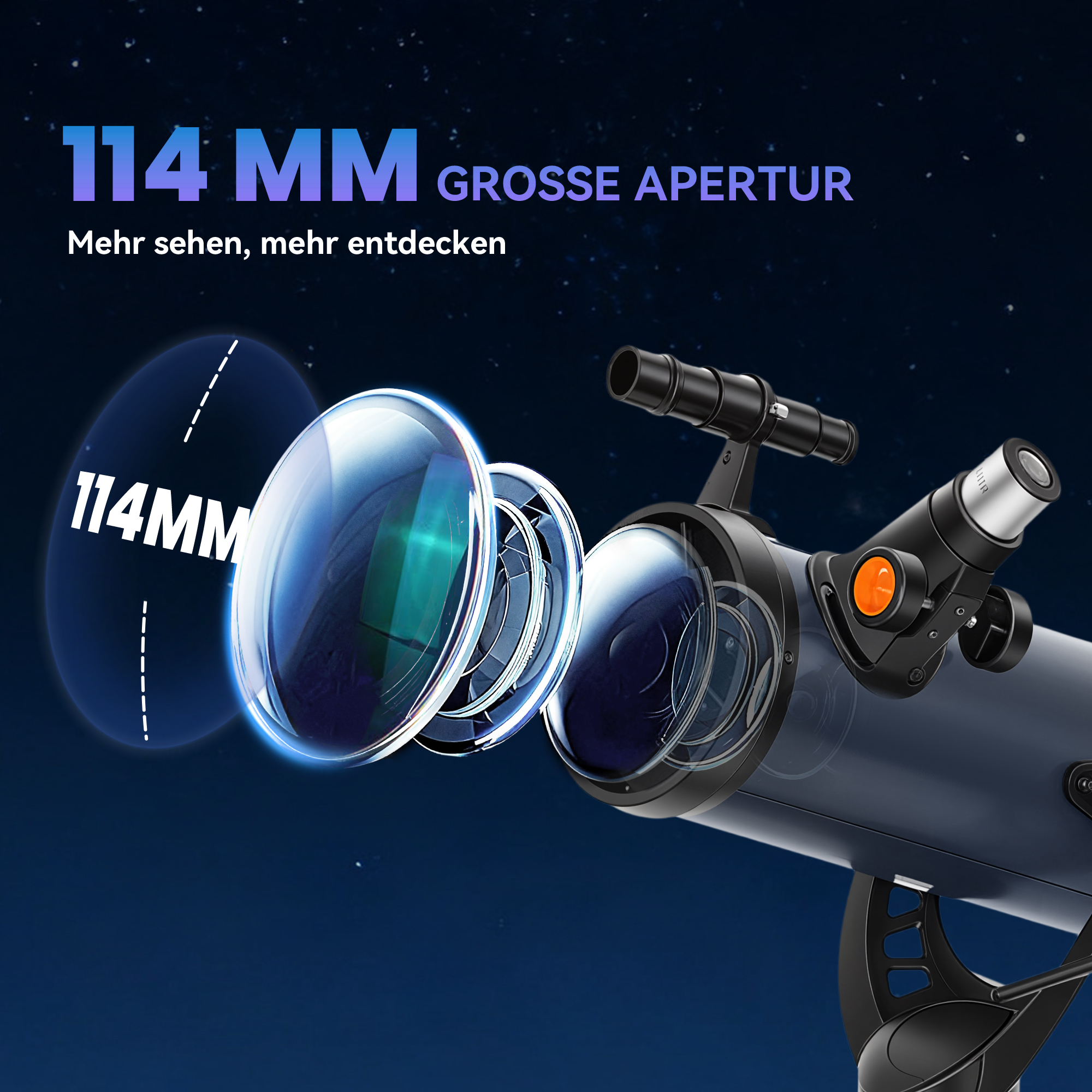 Spiegelteleskop , 114 mm Objektiv, 2 Okulare, Sucherfernrohr, Aluminium, Dunkelblau