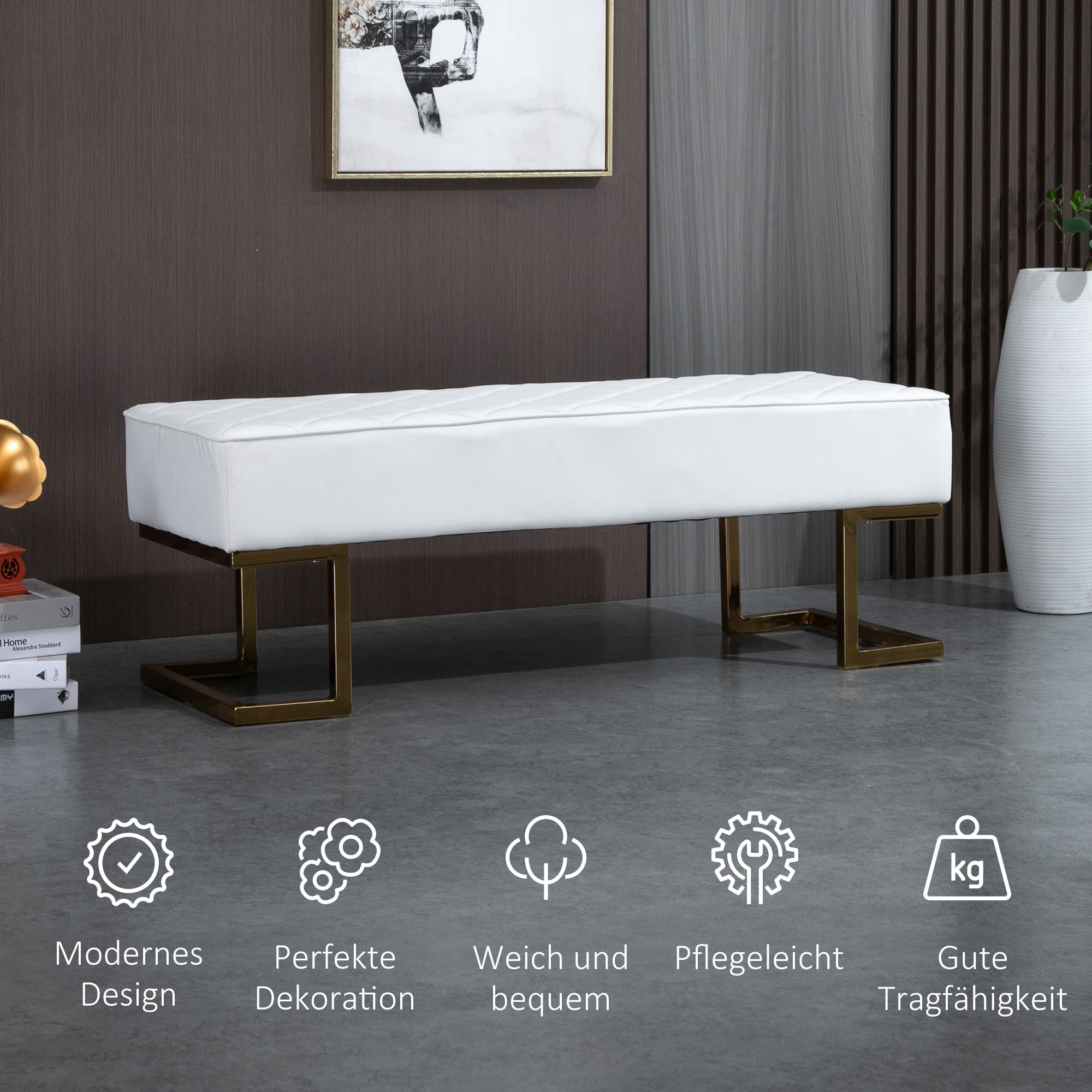 Sitzbank für Schlafzimmer Truhenbank Bettbank Wohnzimmer Kunstleder Metall Weiß+Gold 120 x 43 x 42 cm