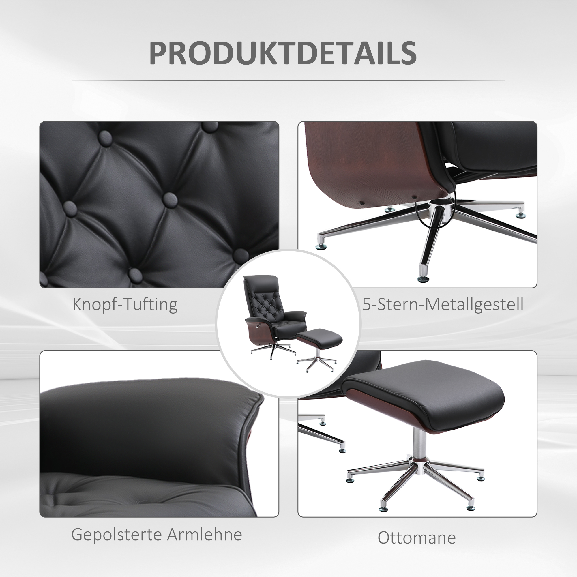 Relaxsessel mit Hocker Fernsehsessel Polstersessel 360° drehbar 145° neigbar mit Retro-Design Chesterfield PU-Bezug Holzverkleidung Metallfuß Schwarz 82 x 83 x 110 cm