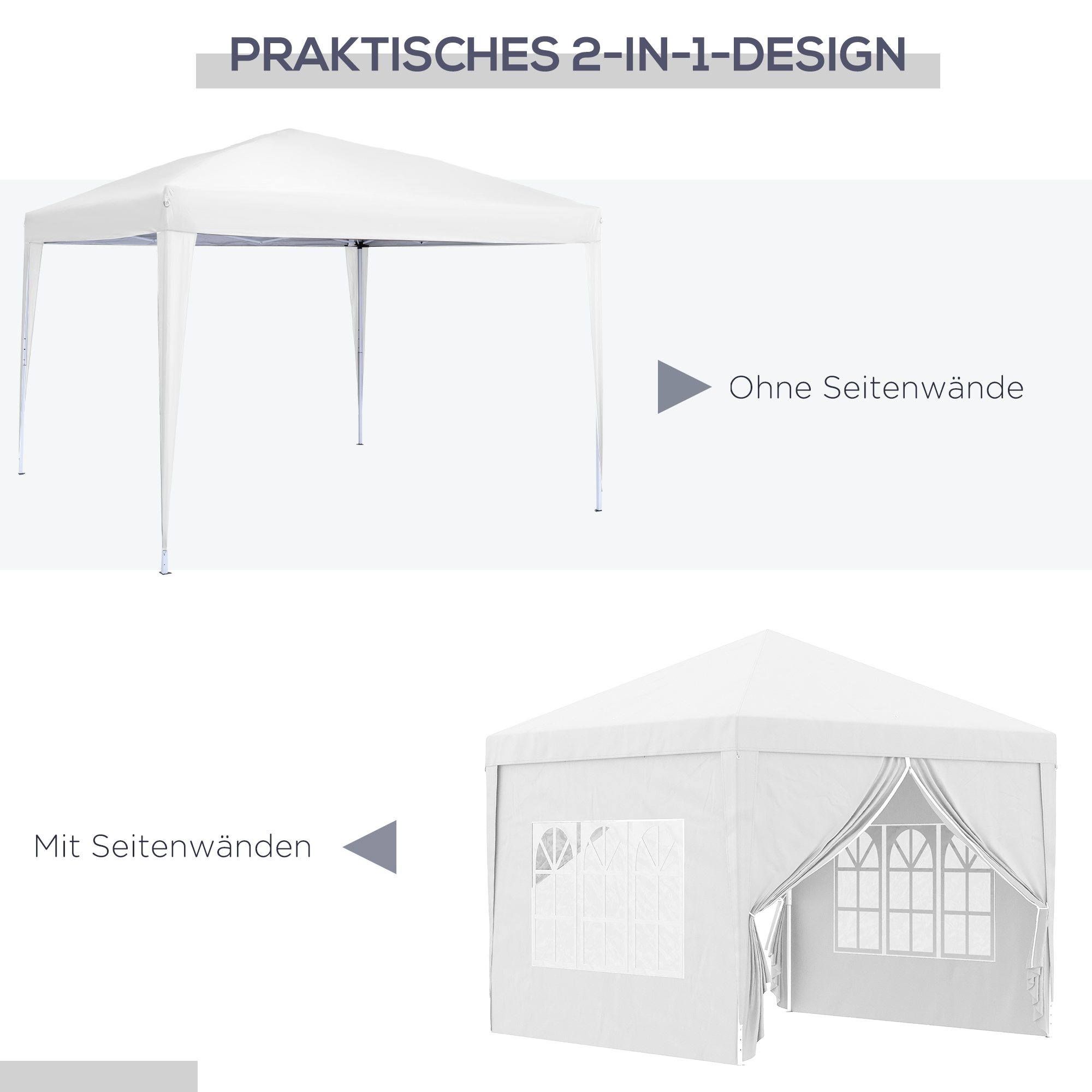 3 x 3 m Pavillon mit 4 Seitenwänden, Fenster, Festzelt mit UV-Schutz, Gartenzelt inkl. Tragetasche, Stahl, Weiß