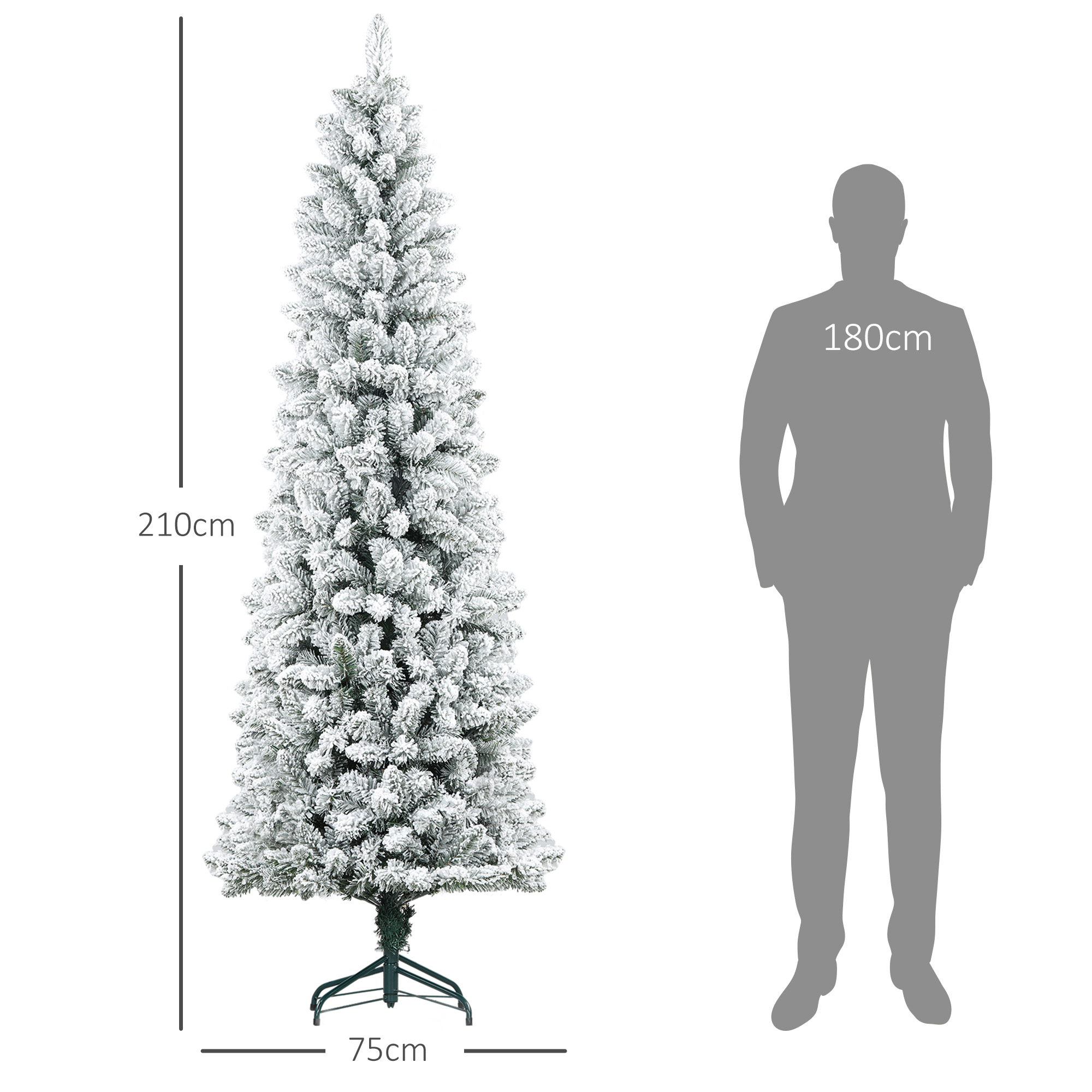 Künstlicher Weihnachtsbaum, flammenhemmend, mit Kunstschnee, schlank, Stahlfuß, 75 x 210 cm, Grün