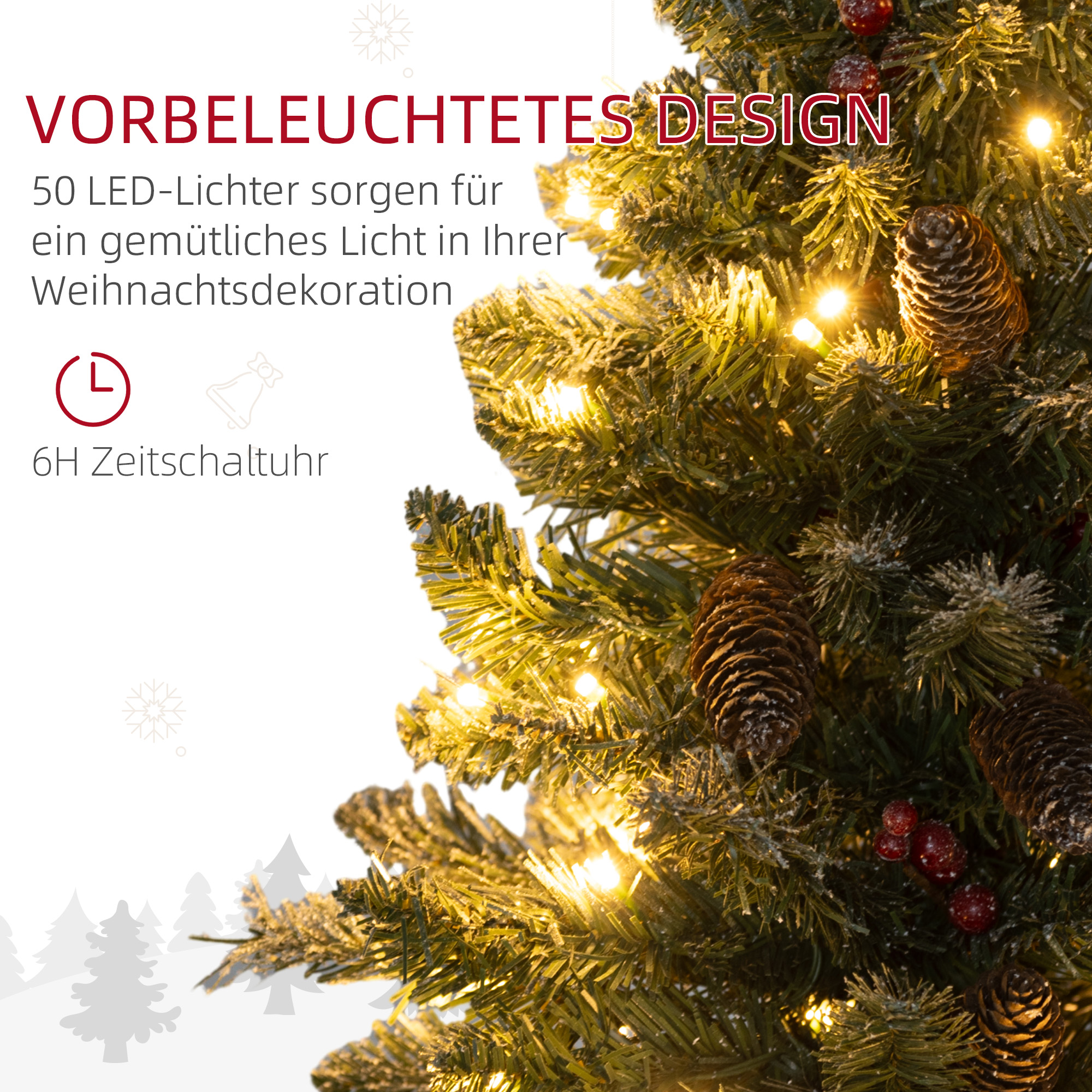 Weihnachtsbaum mit LED-Beleuchtung, 60 cm, Tannenzapfen und rote Beeren, inkl, Ständer, Grün/Weiß