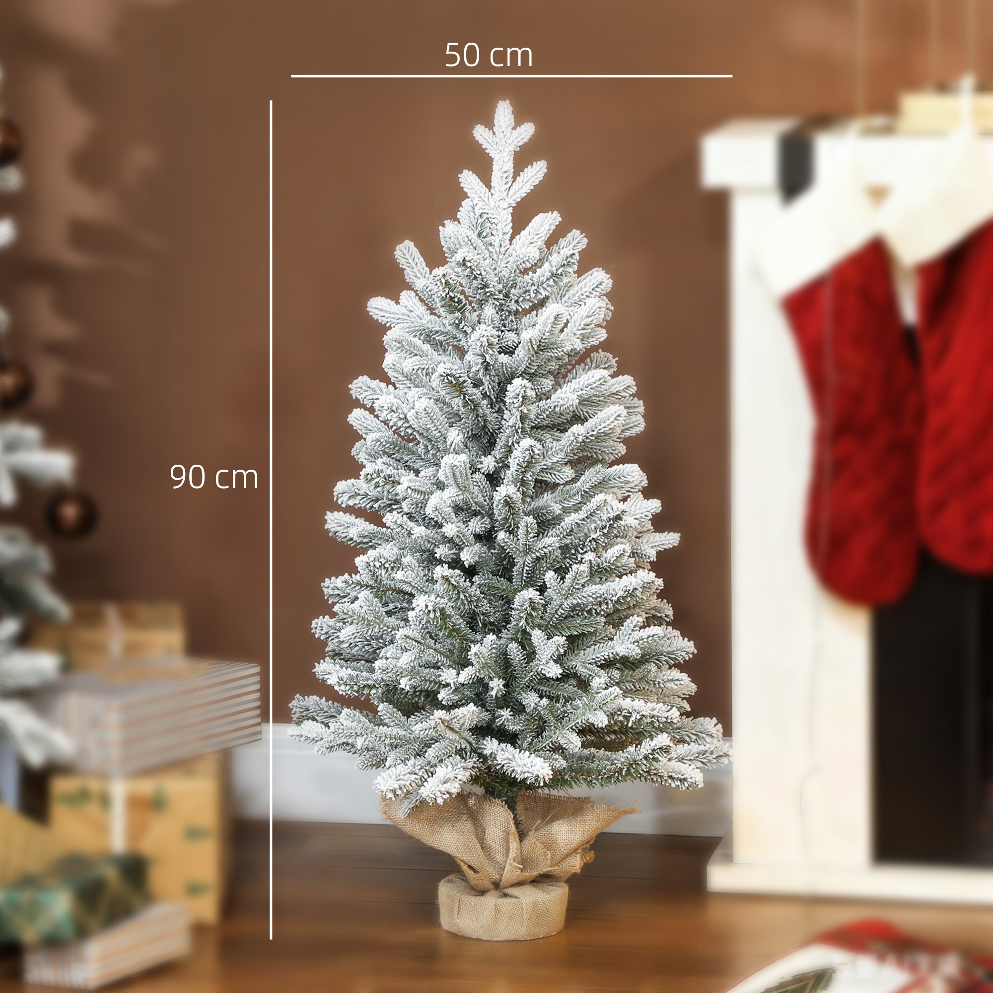 Mini Künstlicher Weihnachtsbaum 90 cm künstlich Tannenbaum mit Schnee, 486 Spitzen Zementbasis Leinenbezug