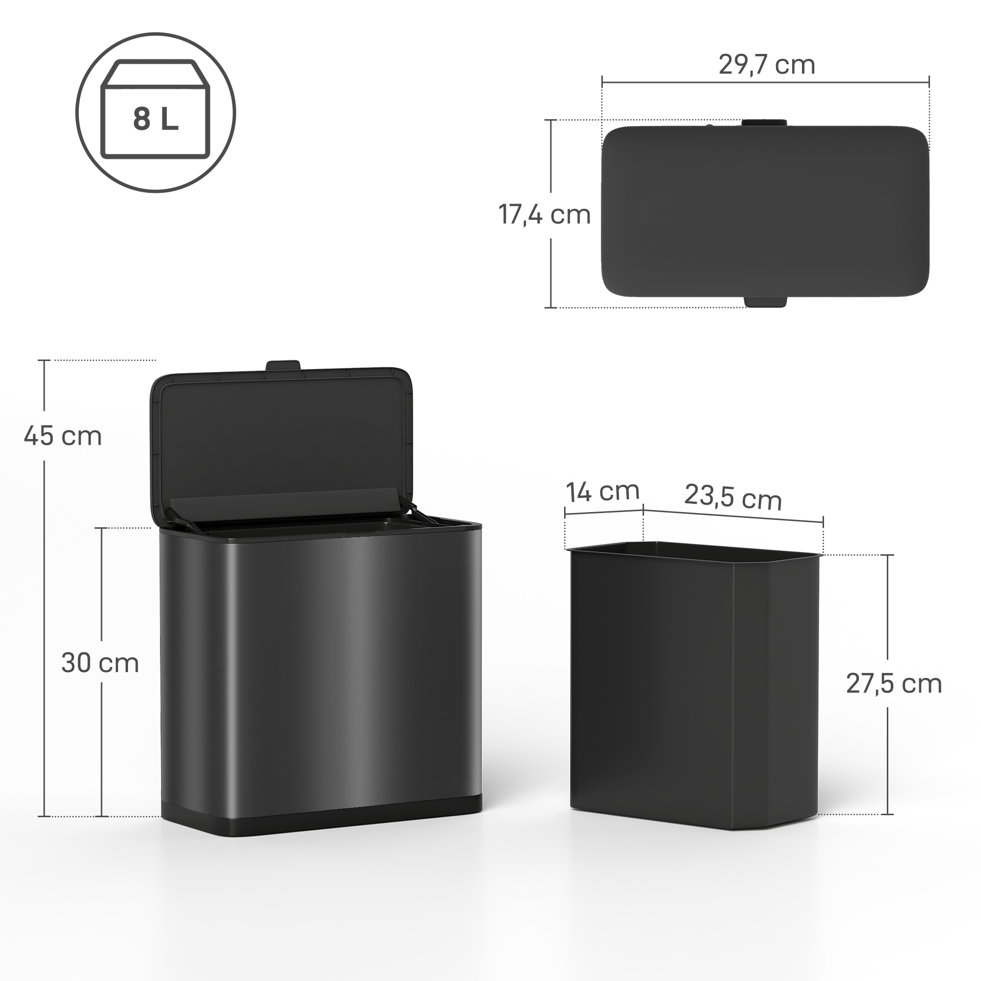 8 L Mülleimer, freistehend oder hängend platzierbar, Edelstahl, Schwarz