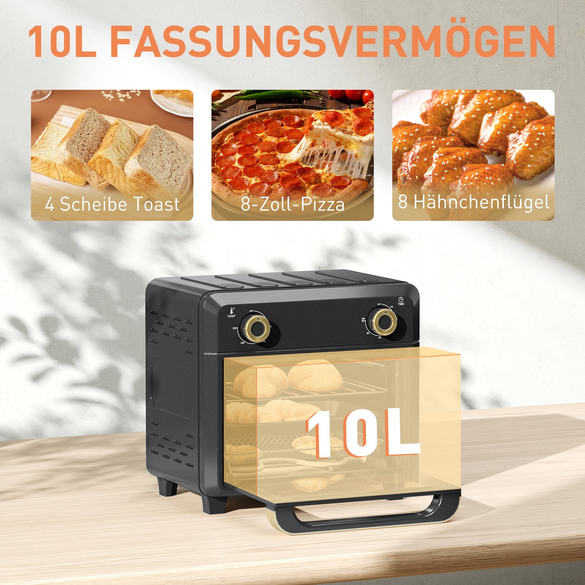 Minibackofen mit Umluft, Heißluftfritteuse, Timer, Innenbeleuchtung, 10L, Schwarz