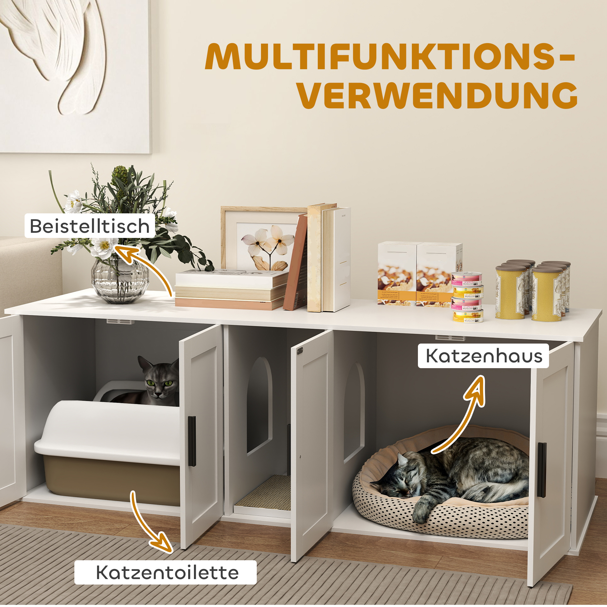 Katzenklo-Schrank Katzenhaus mit Tür Trennwand Katzentoilette für große Katzen 145 x 49 x 51 cm Weiß