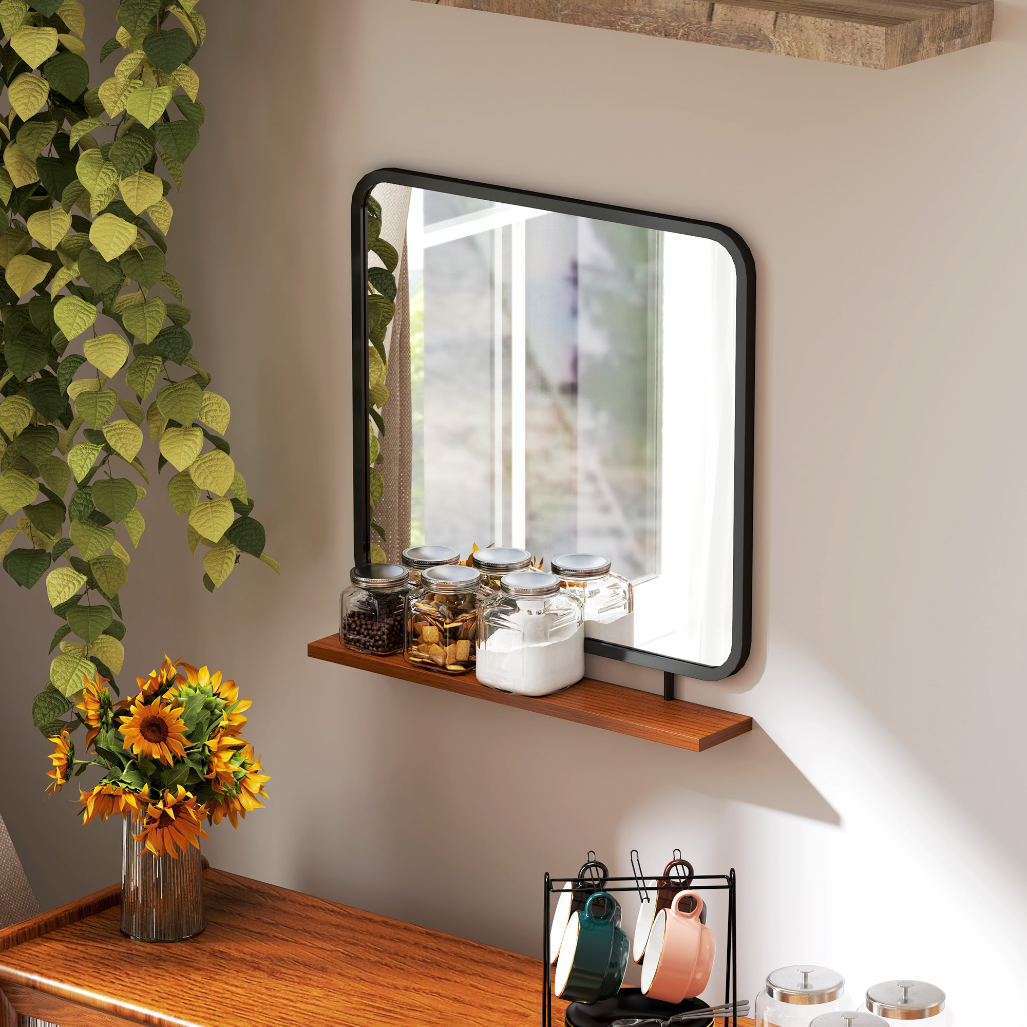 Wandspiegel mit Ablage, Vintage-Design, Metallrahmen, Paulownia-Holz, 55 x 55,5 cm, Schwarz/Holz