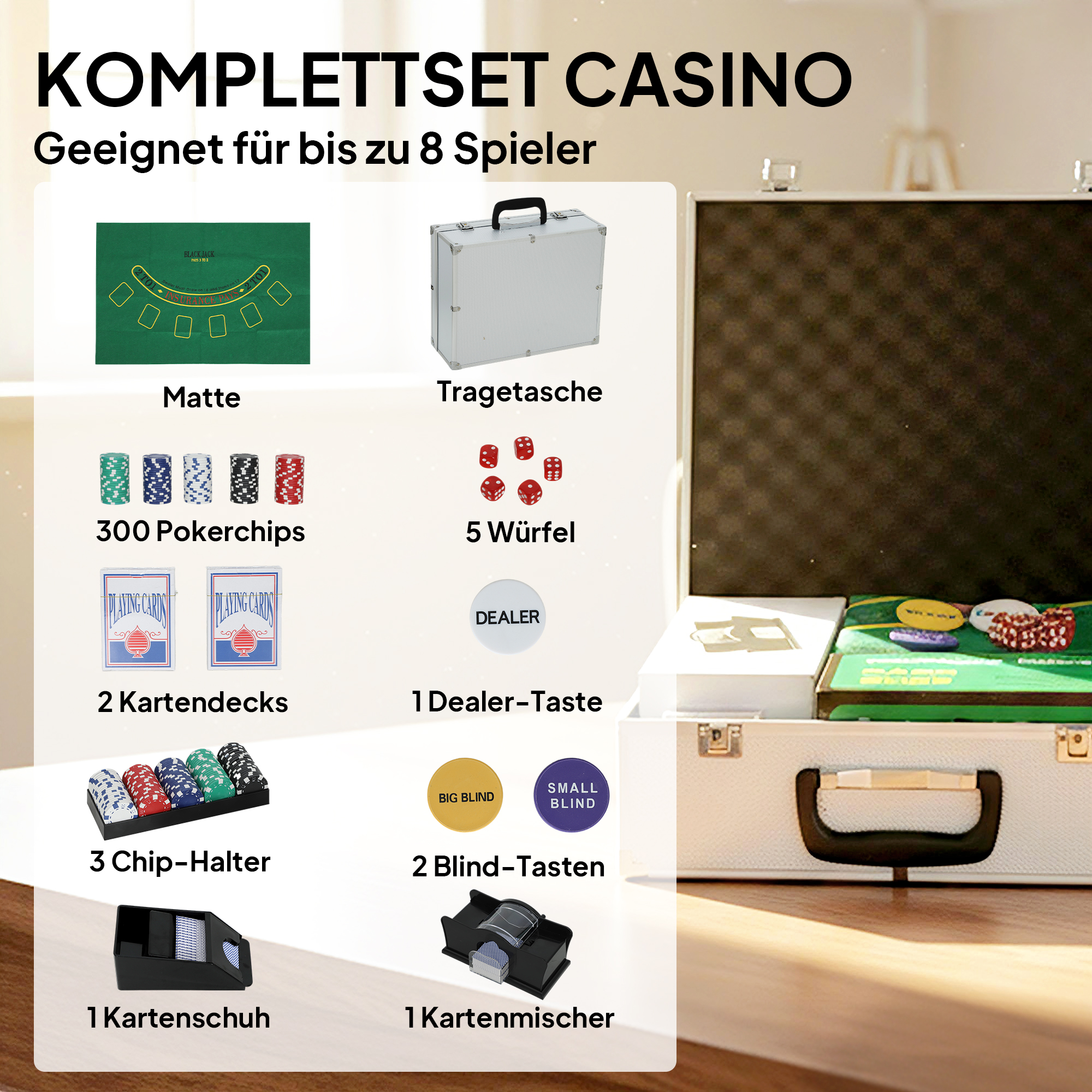 Poker-Set, 300 Chips, Würfel, 2 Kartendecks, Zubehör, Koffer, für 8 Spieler