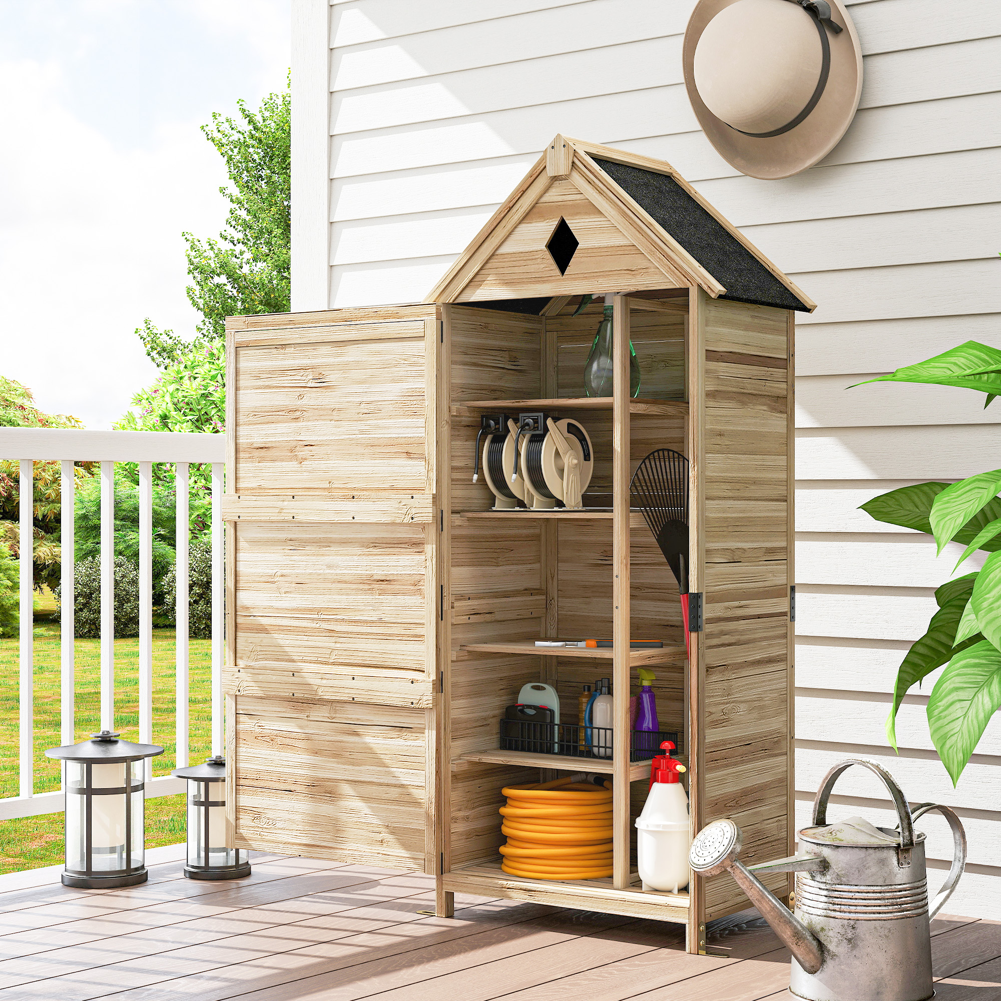 Gartenschuppen mit 4 Regalen, Lagerschuppen aus Holz, wasserdichtes Asphalt-Dach, 80 x 49 x 170 cm, Hellbraun
