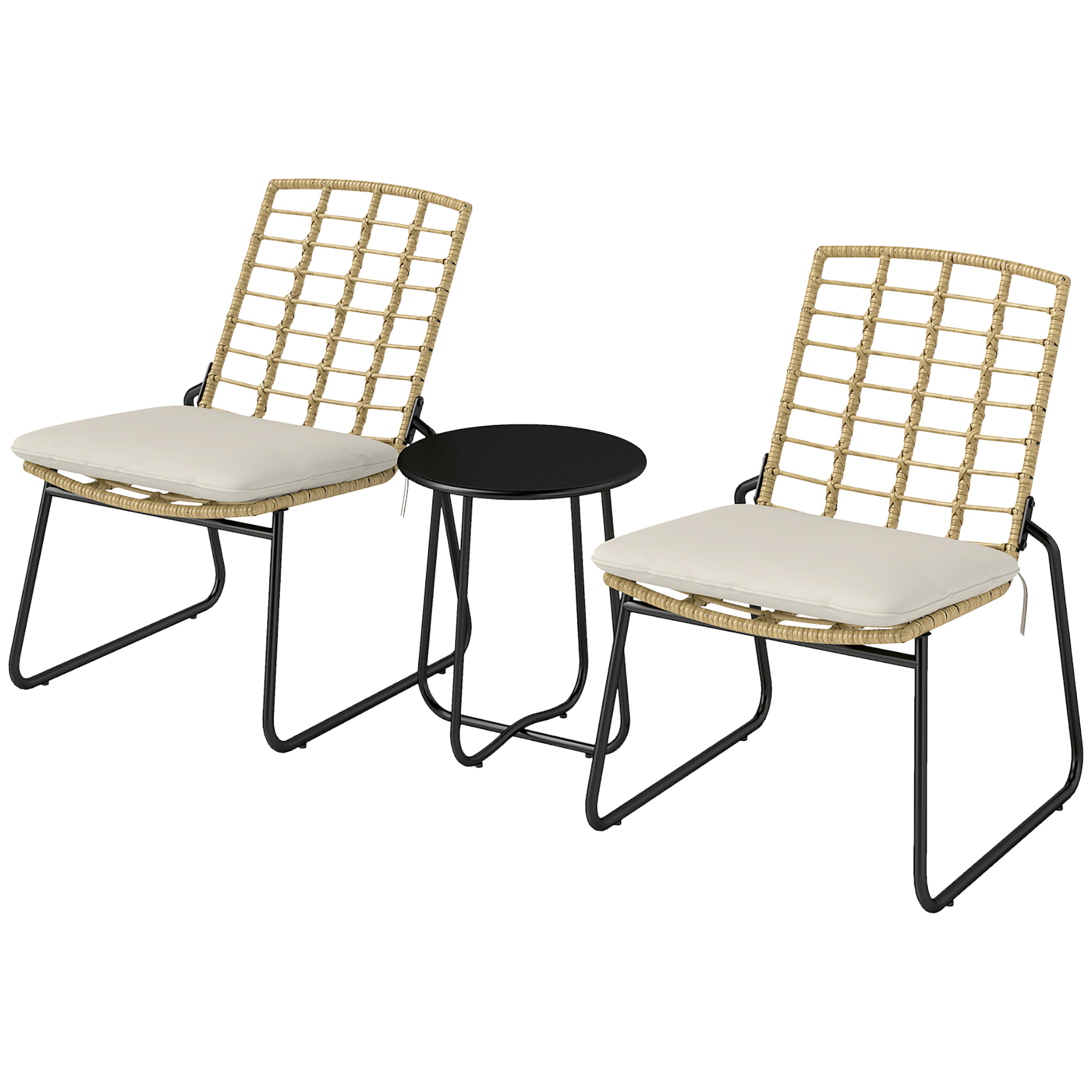 3-teiliges Gartenmöbel-Set, 2 Rattan-Stühle, 1 Tisch mit Metallplatte, Sitzkissen, Bistro-Set, Beige & Braun