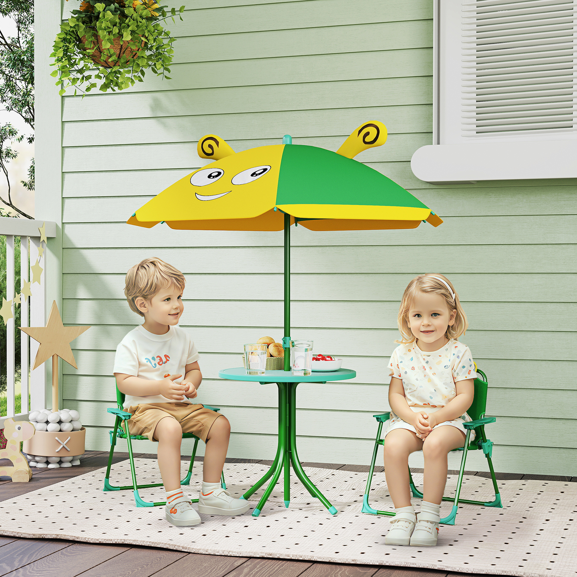 Gartenmöbel-Set für Kinder, Stühle, Tisch, Sonnenschirm, Bienen-Design, Grün+Gelb