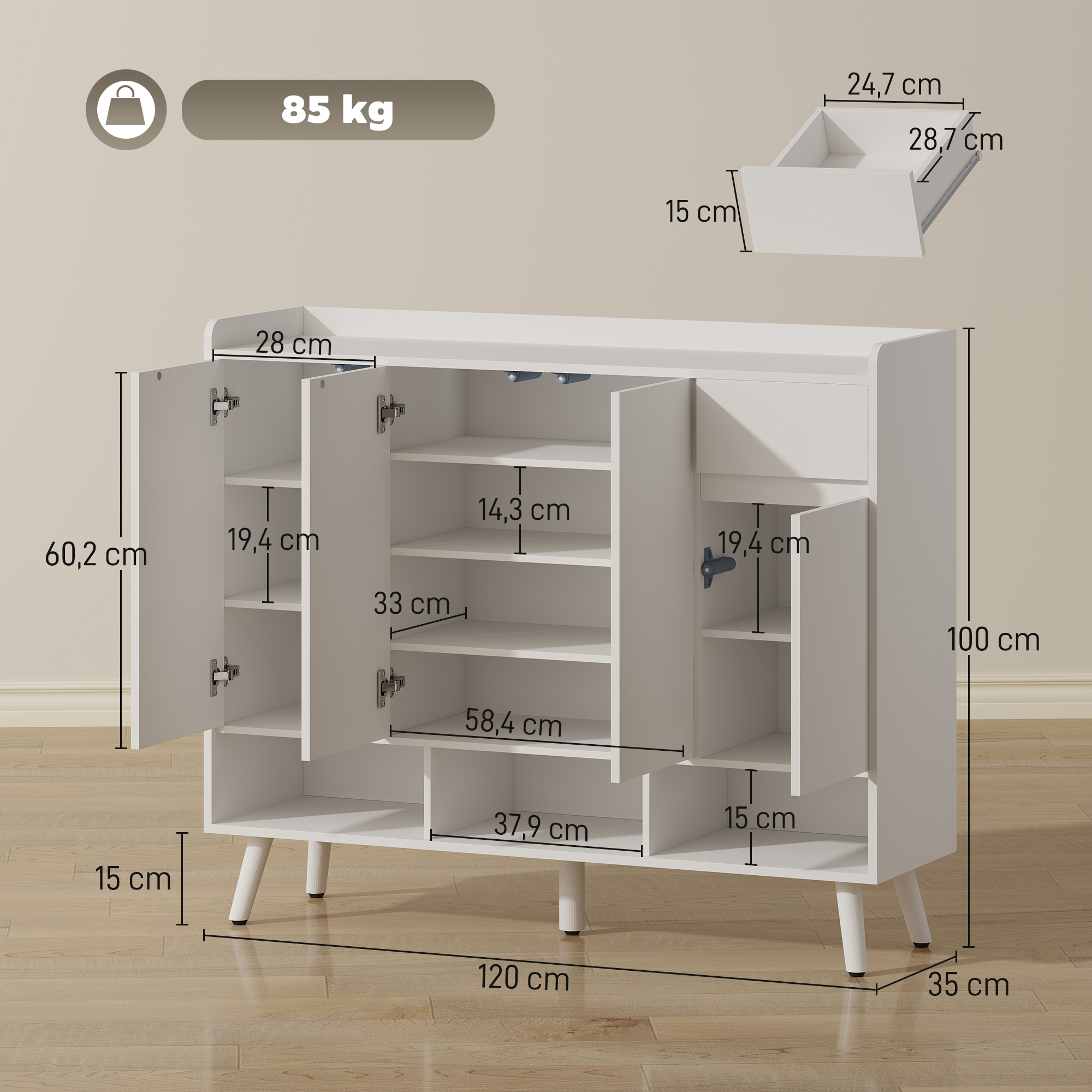 Schuhschrank mit grifflosem Design, 4 Türen, 4 verstellbare Regale, freistehendes Schuhregal mit 5 Holzbeinen, Holz, Weiß