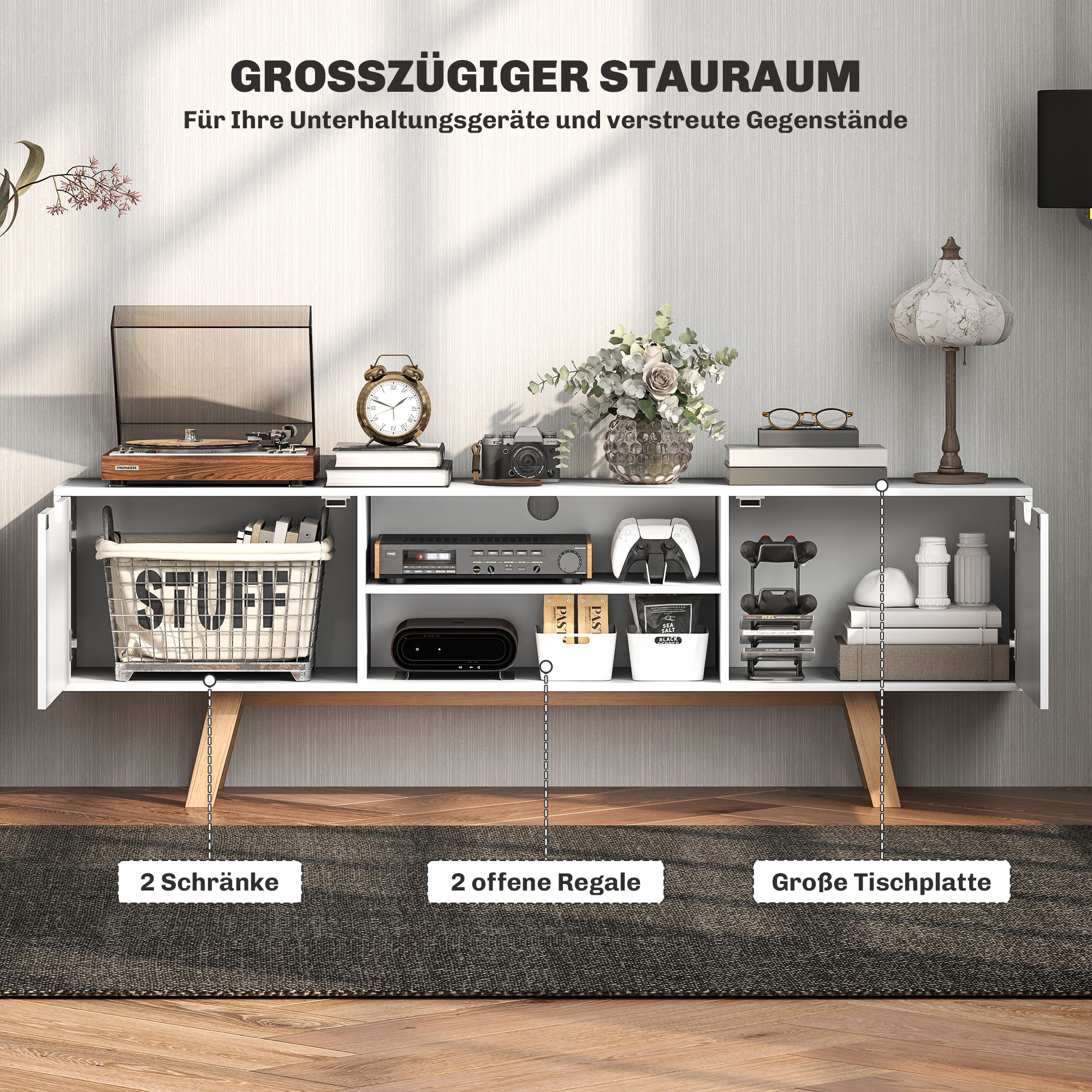 TV-Kommode mit Schubladen und offenen Regalen, MDF, 150 x 39 x 50 cm, Weiß