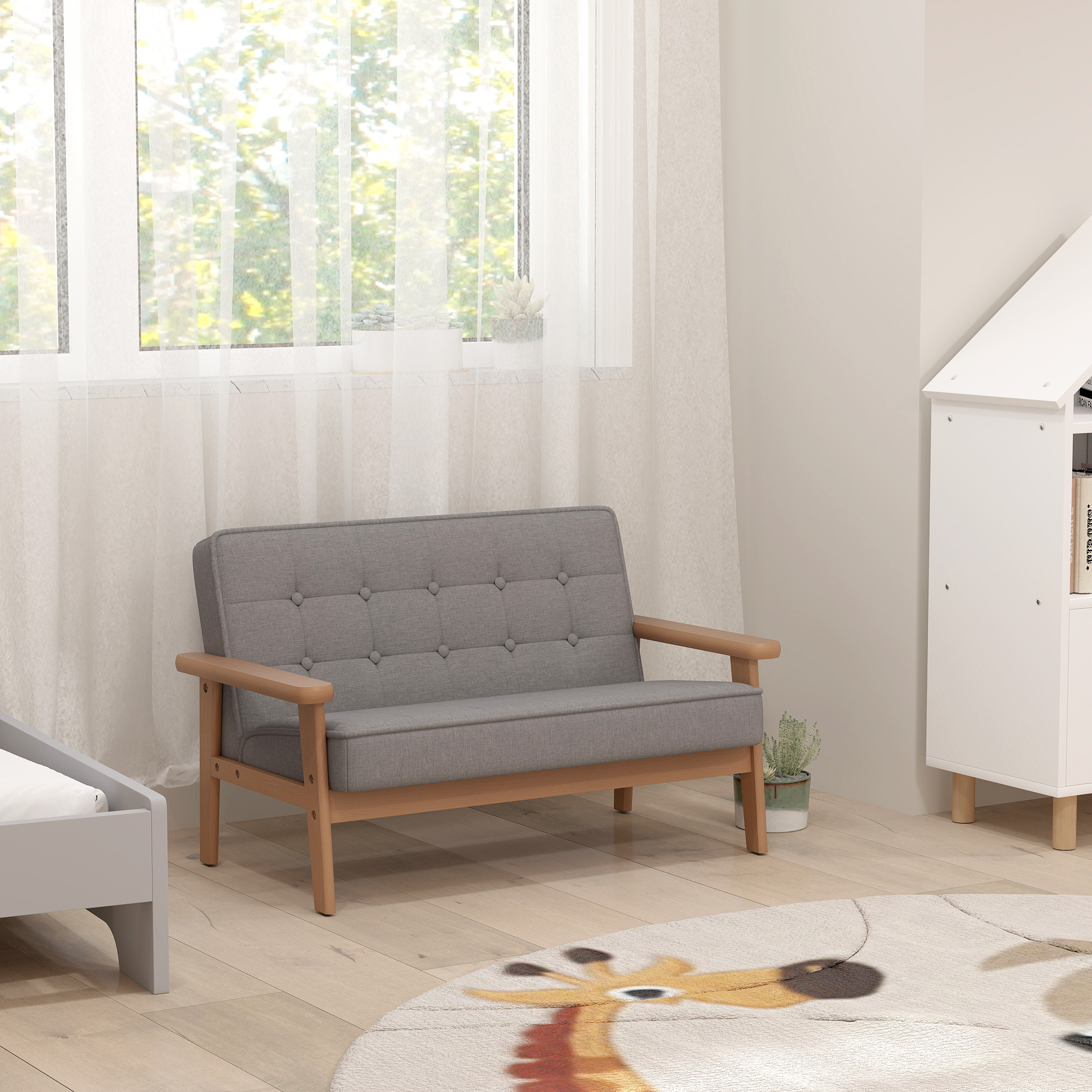 Kindersessel, Kindersofa mit Holzrahmen, Samtoptik, gepolstert, für Kinder von 3-15 Jahren Grau