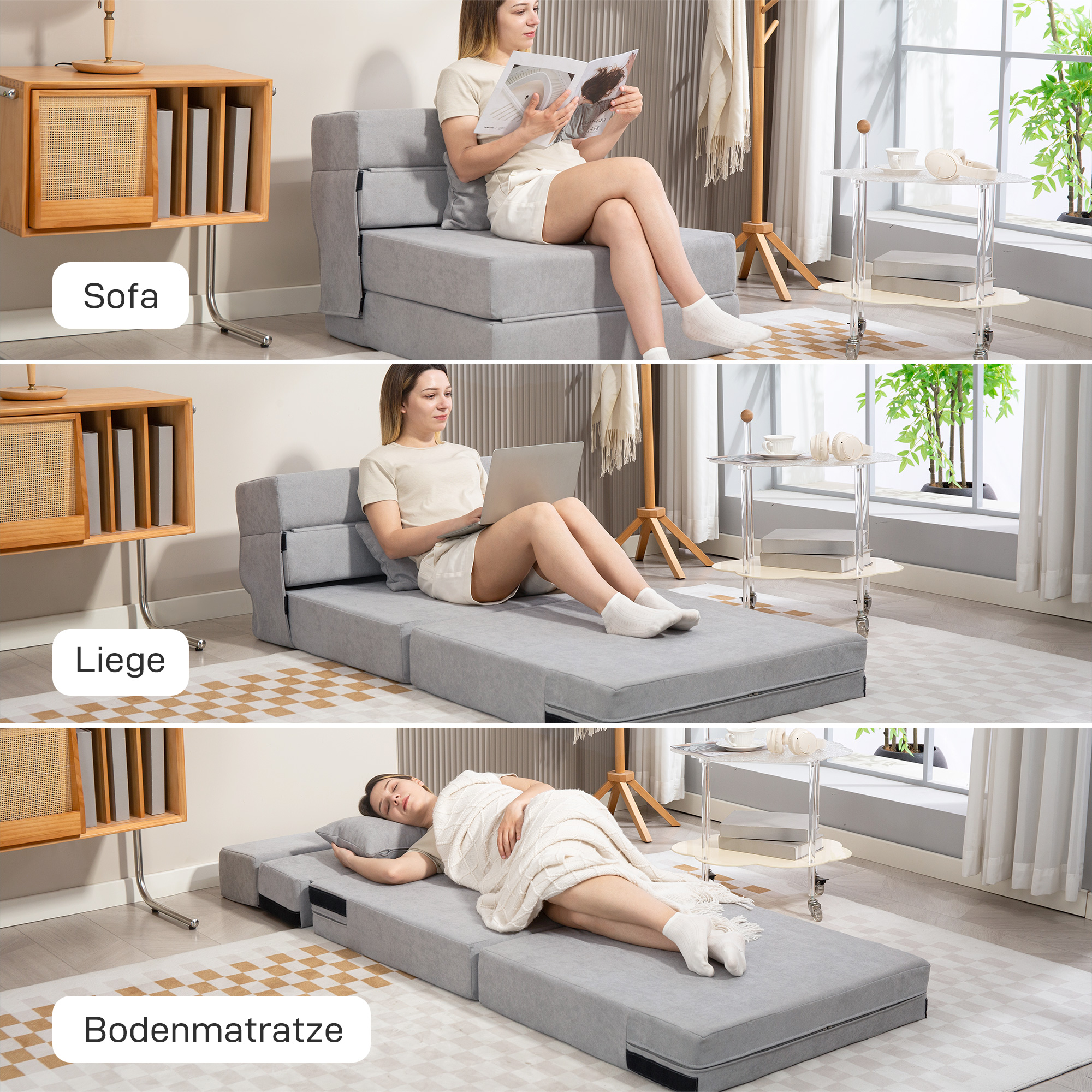 Bodensofa, Polstercouch, in Matratze umwandelbar, Schaumstoff, Kissen, Hellgrau