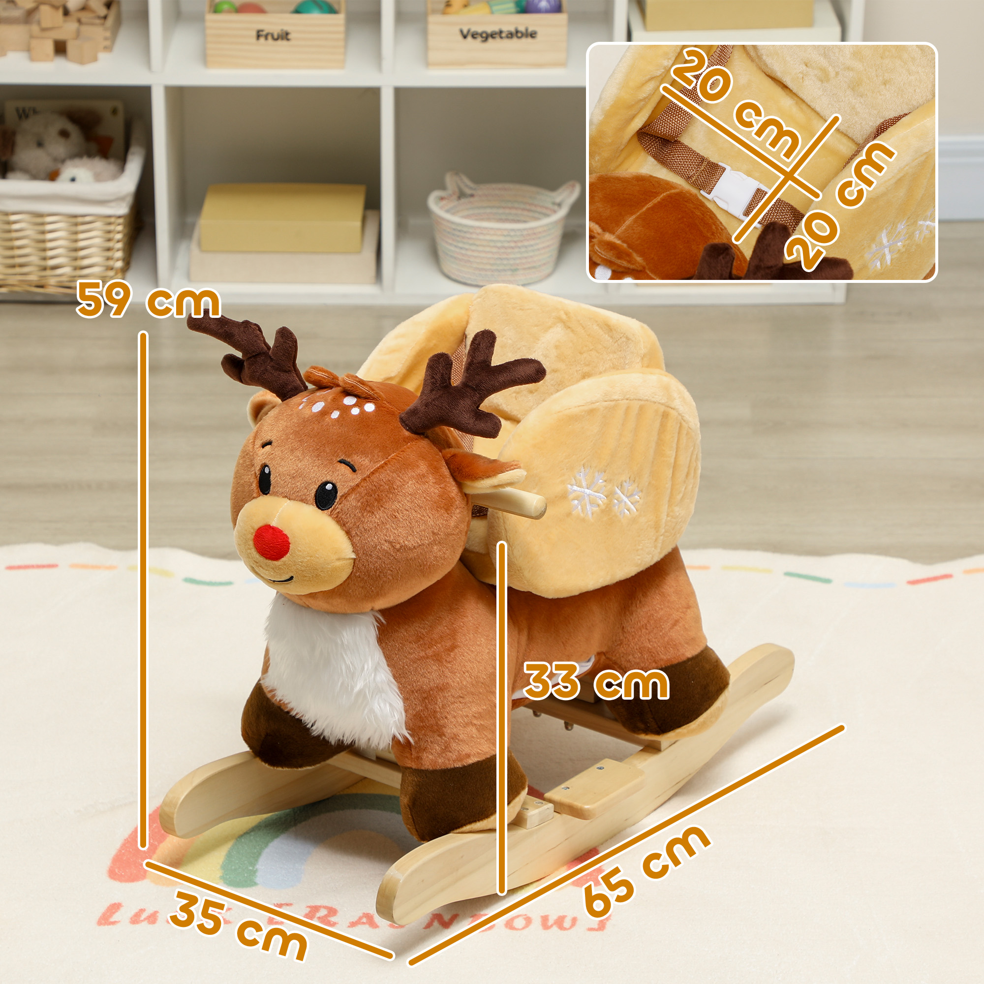 Kinder Schaukelpferd Baby Schaukeltier Rentier mit Schlafliedern, für 18-36 Monate Plüsch 65 x 35 x 59 cm Braun