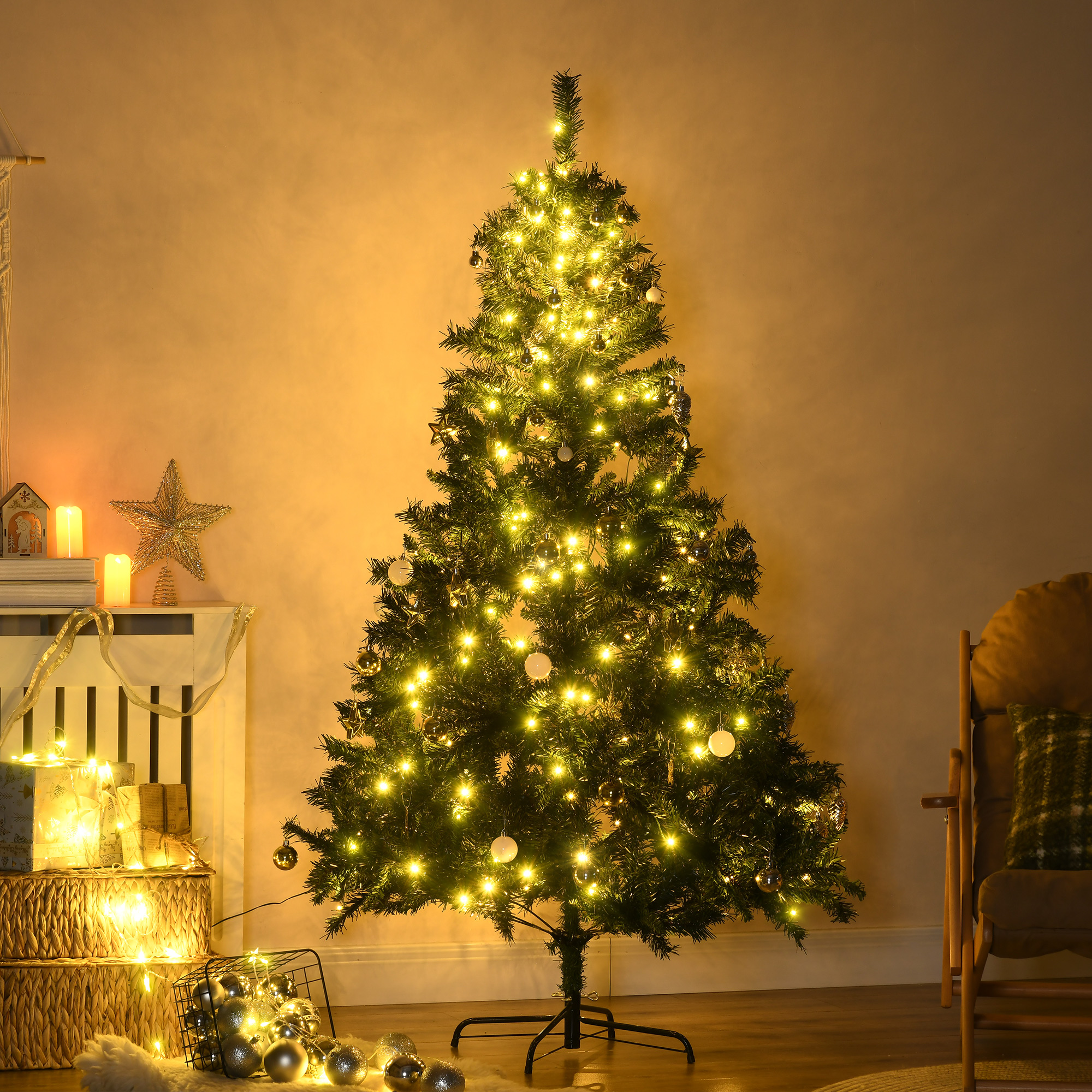 Künstlicher Weihnachtsbaum 180 cm künstlich Tannenbaum mit LED Beleuchtung, Kugeln, Christbaum mit 745 Spitzen, Weihnachtsdeko inkl, Metallständer für Drinnen