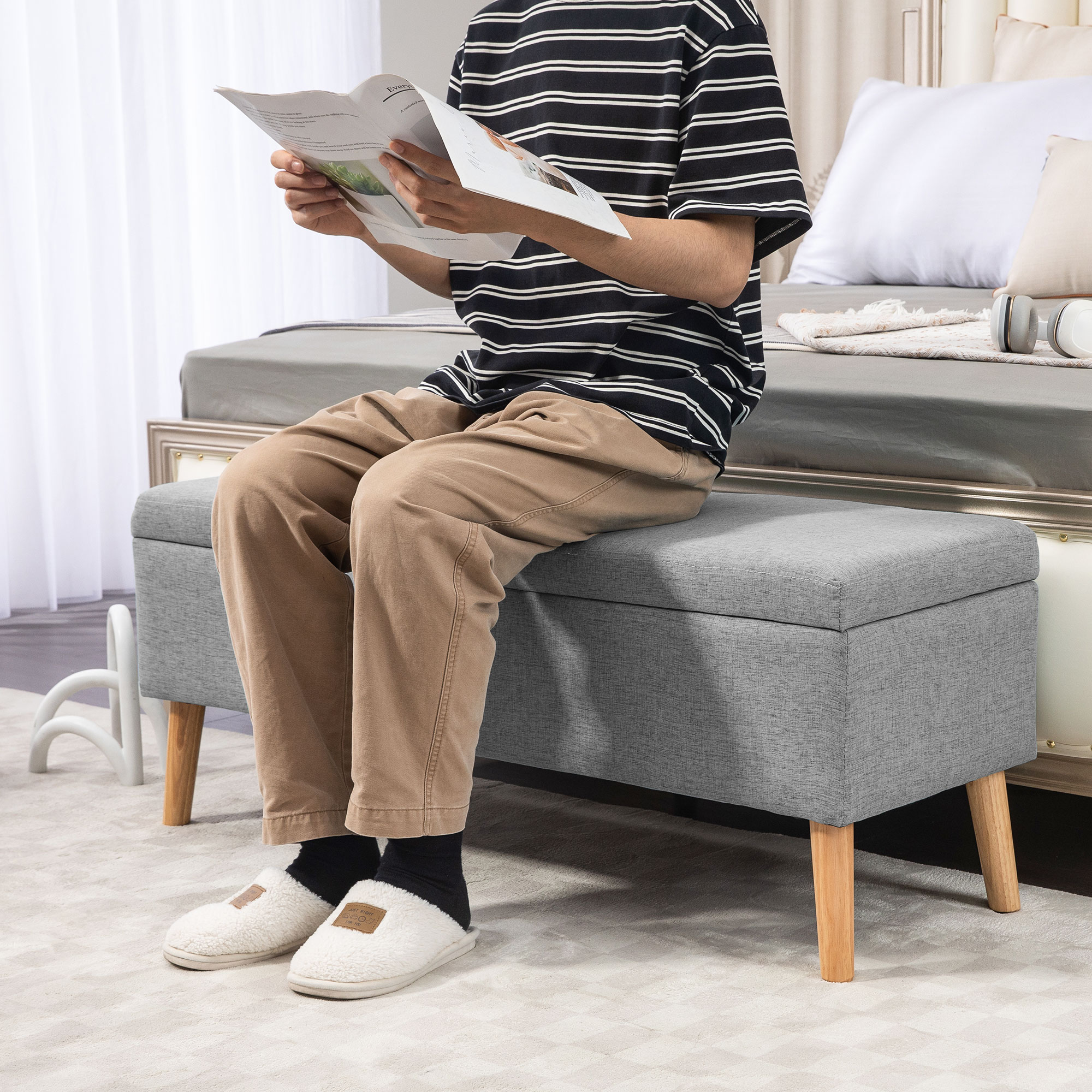 Polsterbank mit Stauraum, Bezug in Leinenoptik, Kautschukholzbeine, bis 220 kg, 110x39x45cm, Grau