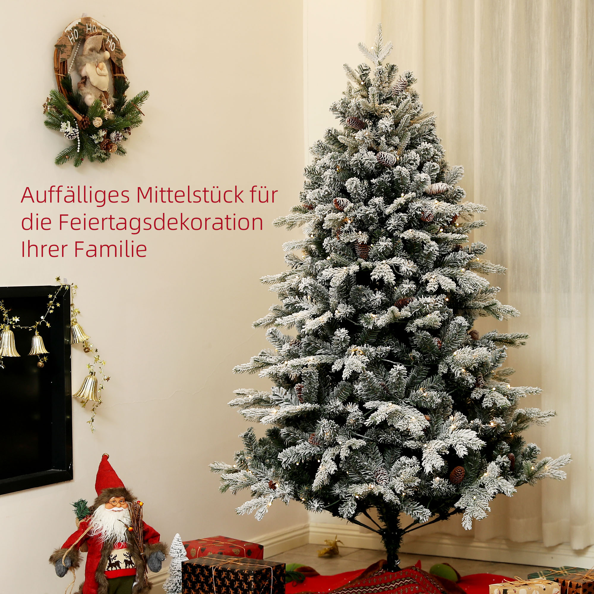 Künstlicher Weihnachtsbaum, 180 cm, LED-Lichter, schneebedeckt, flammenhemmend, Metall