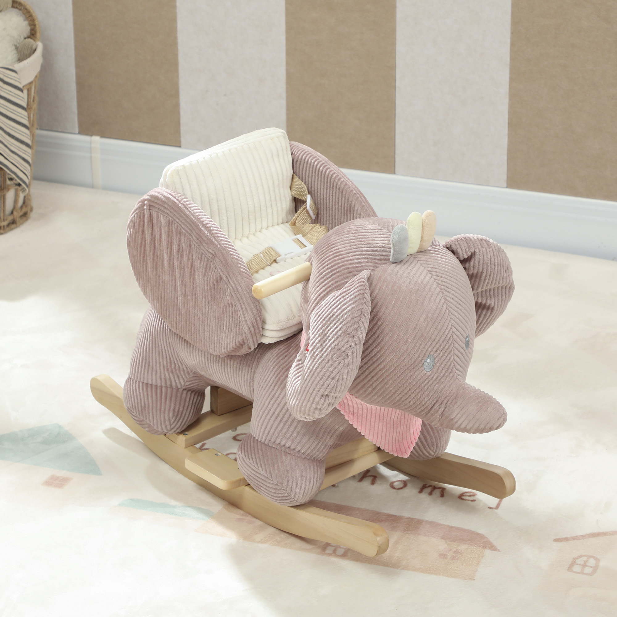 Schaukeltier, Elefant-Schaukel, interaktive Tiergeräusche, Holzrahmen, für Kinder 1,5-3 Jahre, 65 x 35 x 50 cm, Braun