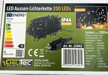 LED Aussen-Lichterkette "CT-ALK200" 20m - warmweiß, Kabel schwarz, IP44, 200 LEDs