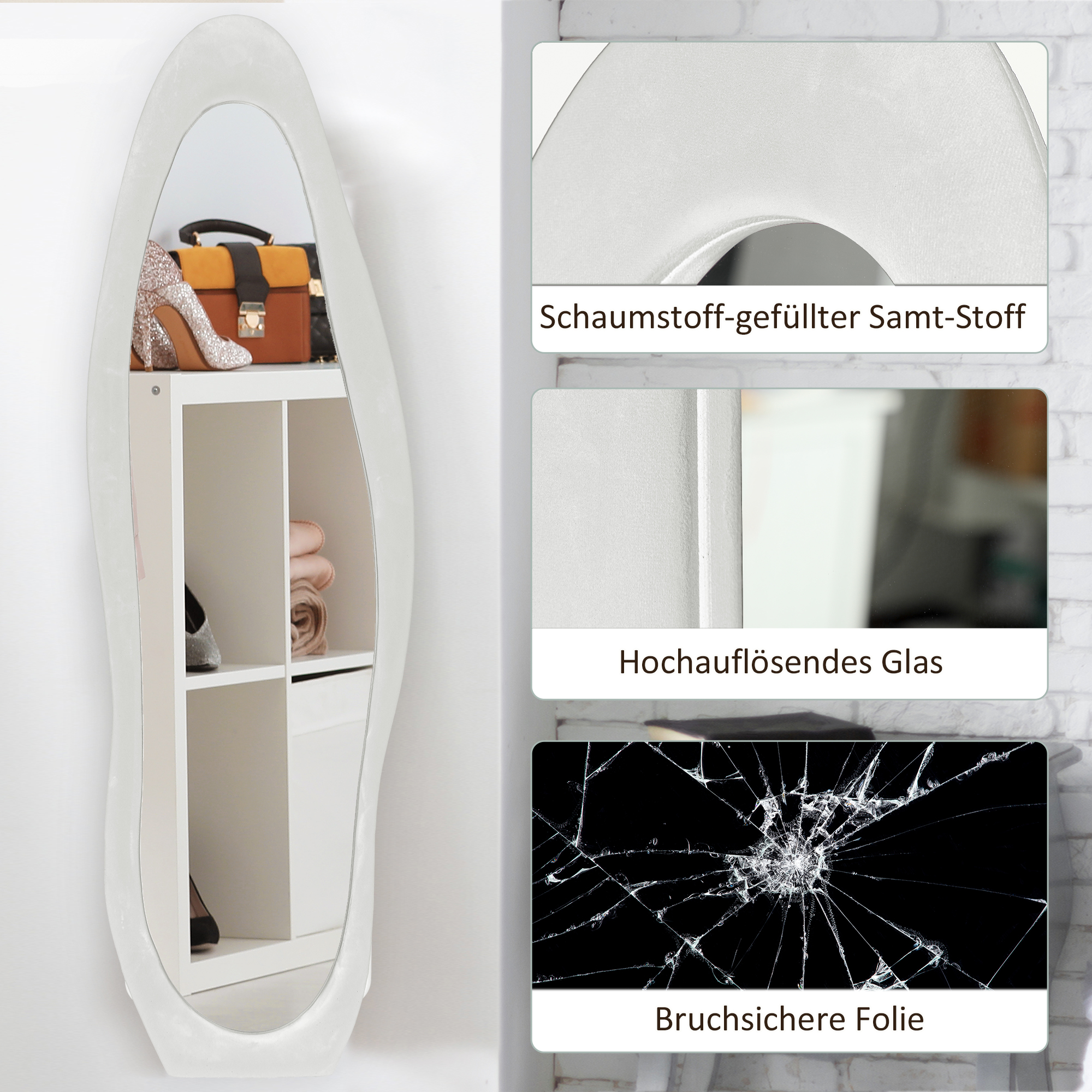 Ganzkörperspiegel, wellige Form, 160 x 50 cm, freistehend, samtartiger Rahmenbezug, Schlafzimmer, Wohnzimmer, Weiß