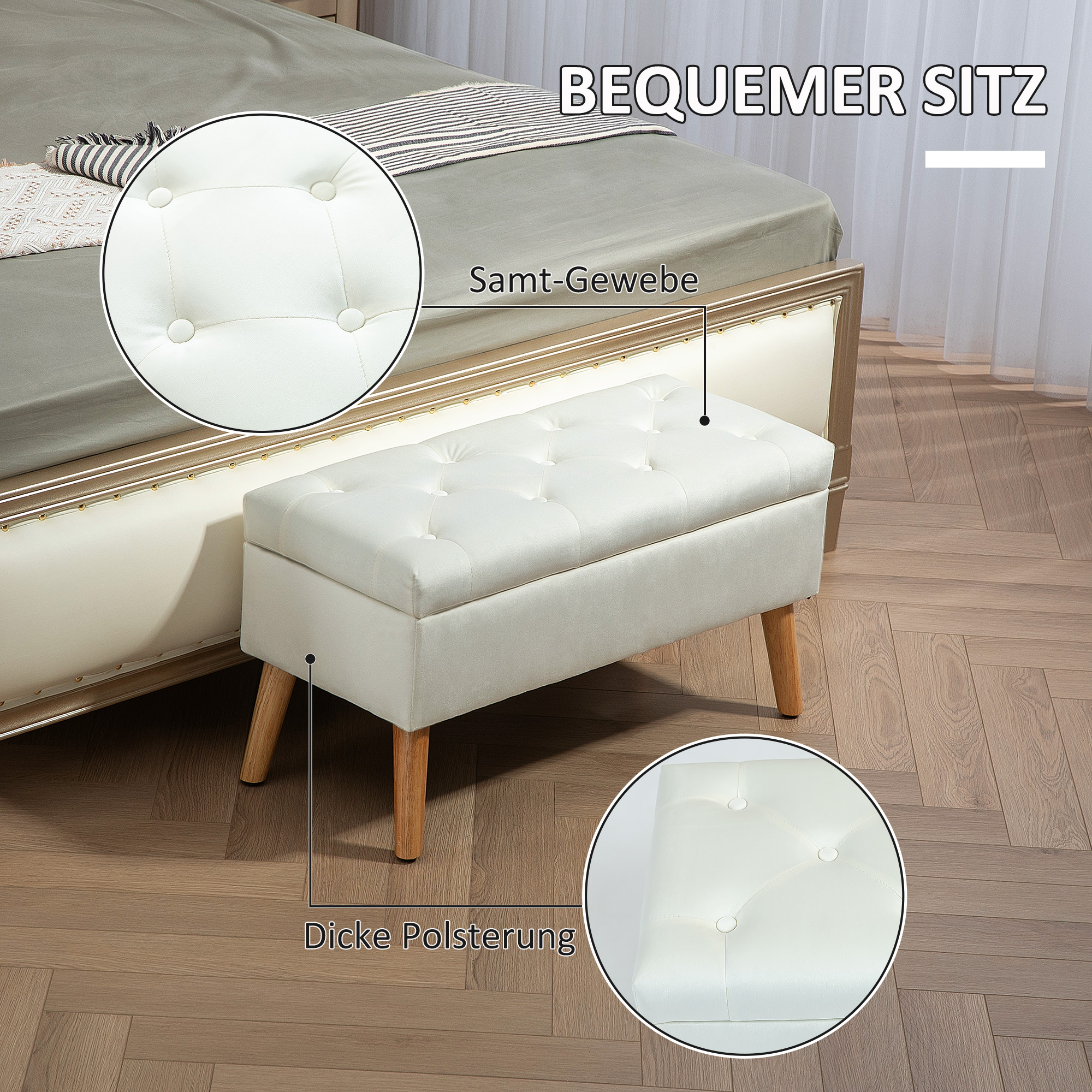 Polsterbank mit Stauraum, Stoffbezug in Samtoptik, Holzbeine, für Wohnzimmer, Schlafzimmer, Flur, 80 x 35 x 42 cm, Weiß