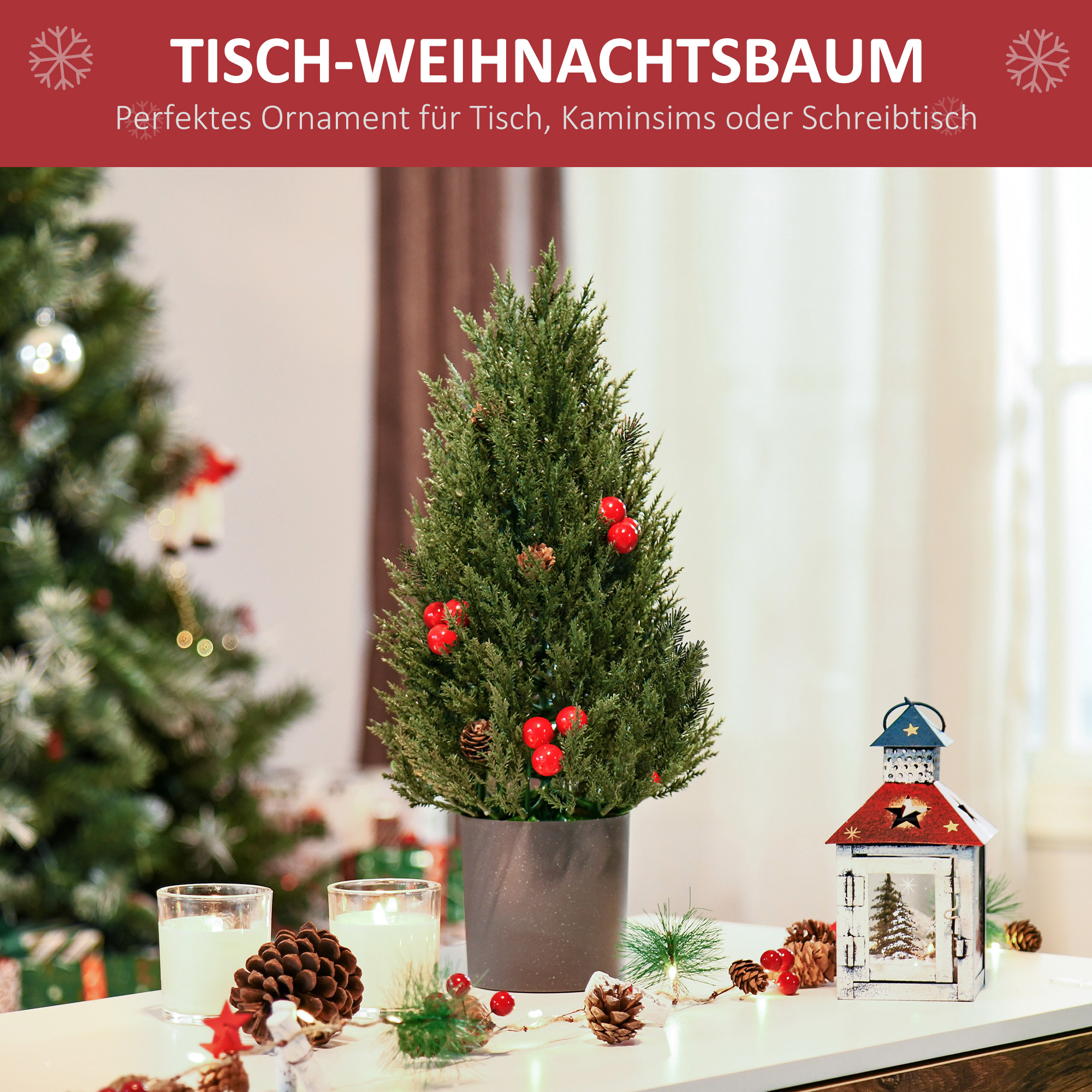 Mini-Weihnachtsbaum mit roten Beeren und Tannenzapfen, inkl, Übertopf 27 cm x 27 cm x 47 cm, Mehrfarbig